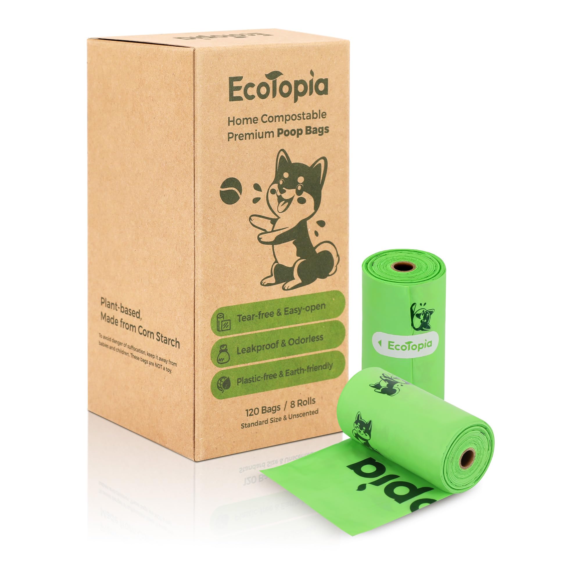 Tear-Free Dog Poop Bags Rolls and Recyclable Poop Bags Dispenser,ASTM D6400 & EN 13432 Compliant Dog Waste Bags,Extra Thick&Leakproof,120Bags,Light Green