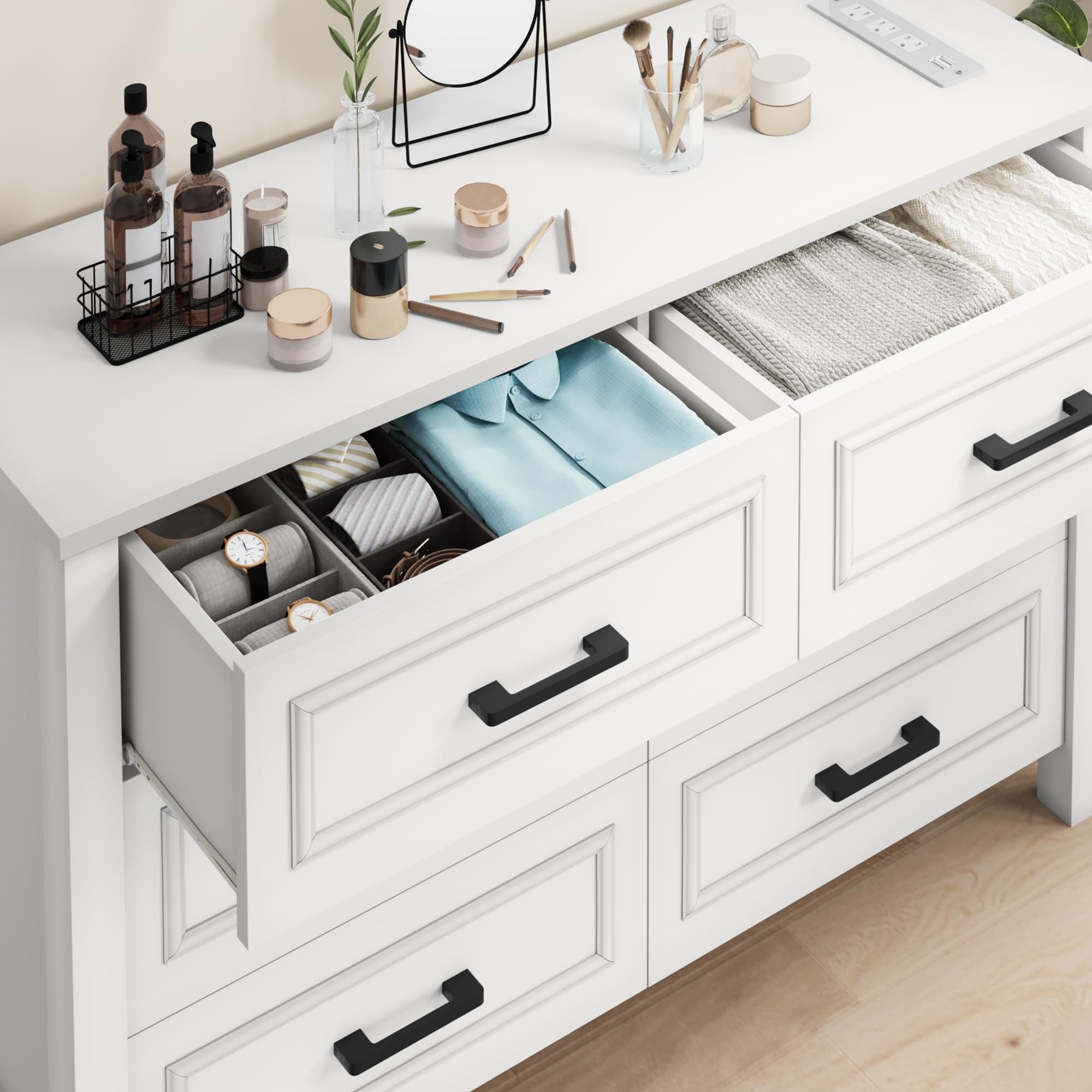 DWVO Farmhouse Wooden Dresser TV Stand with Power Outlet, 6-Drawer Dresser with Large Storage Drawers and Bar Handles, Ideal for Living Room, Hallway, 47.2" x 15.7" x 33.4" - White