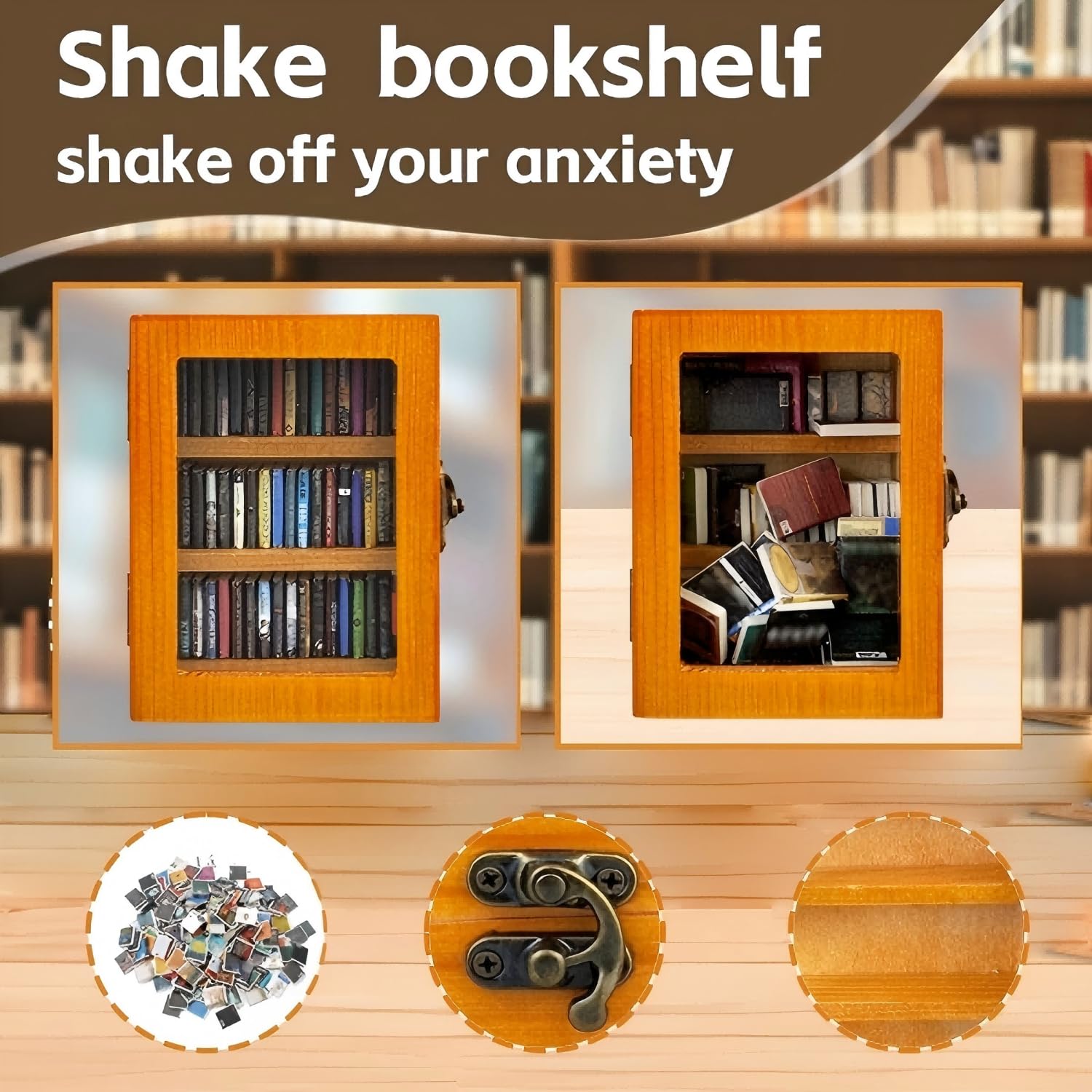 SIHPTO Anxiety Mini Bookshelf Ornament Small Bookshelf Miniature Library with 60pcs Mini Books，Miniature Bookshelf Decor Shake Away Your Anxiety，Home Decoration for Book Lovers (Brown)