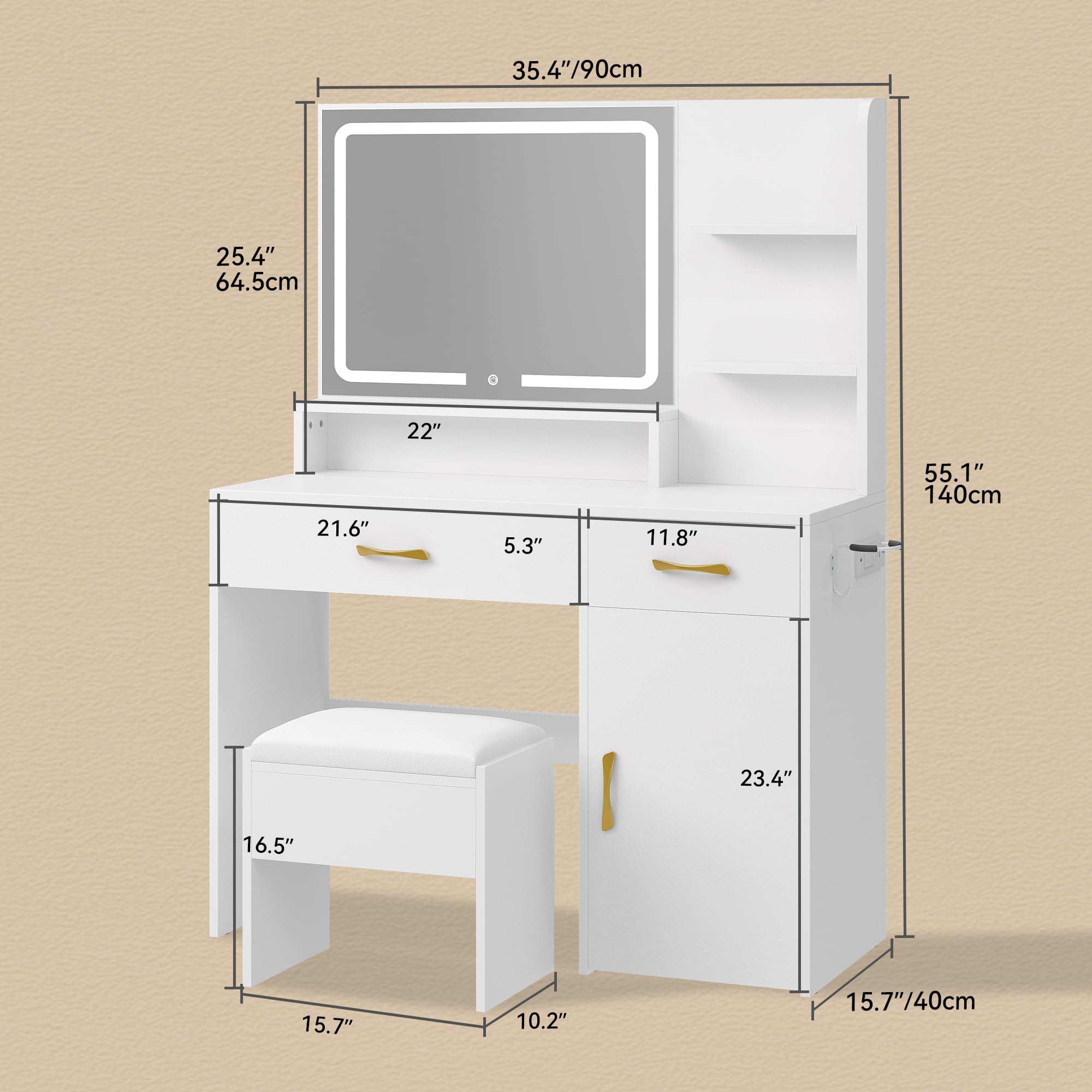 DWVO Vanity Desk, Makeup Vanity Table with LED Mirror, Power Outlets, Storage Drawers & Cabinet, Shelves, and Cushioned Stool, White Dressing Room Vanity Set