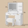 DWVO Vanity Desk, Makeup Vanity Table with LED Mirror, Power Outlets, Storage Drawers & Cabinet, Shelves, and Cushioned Stool, White Dressing Room Vanity Set