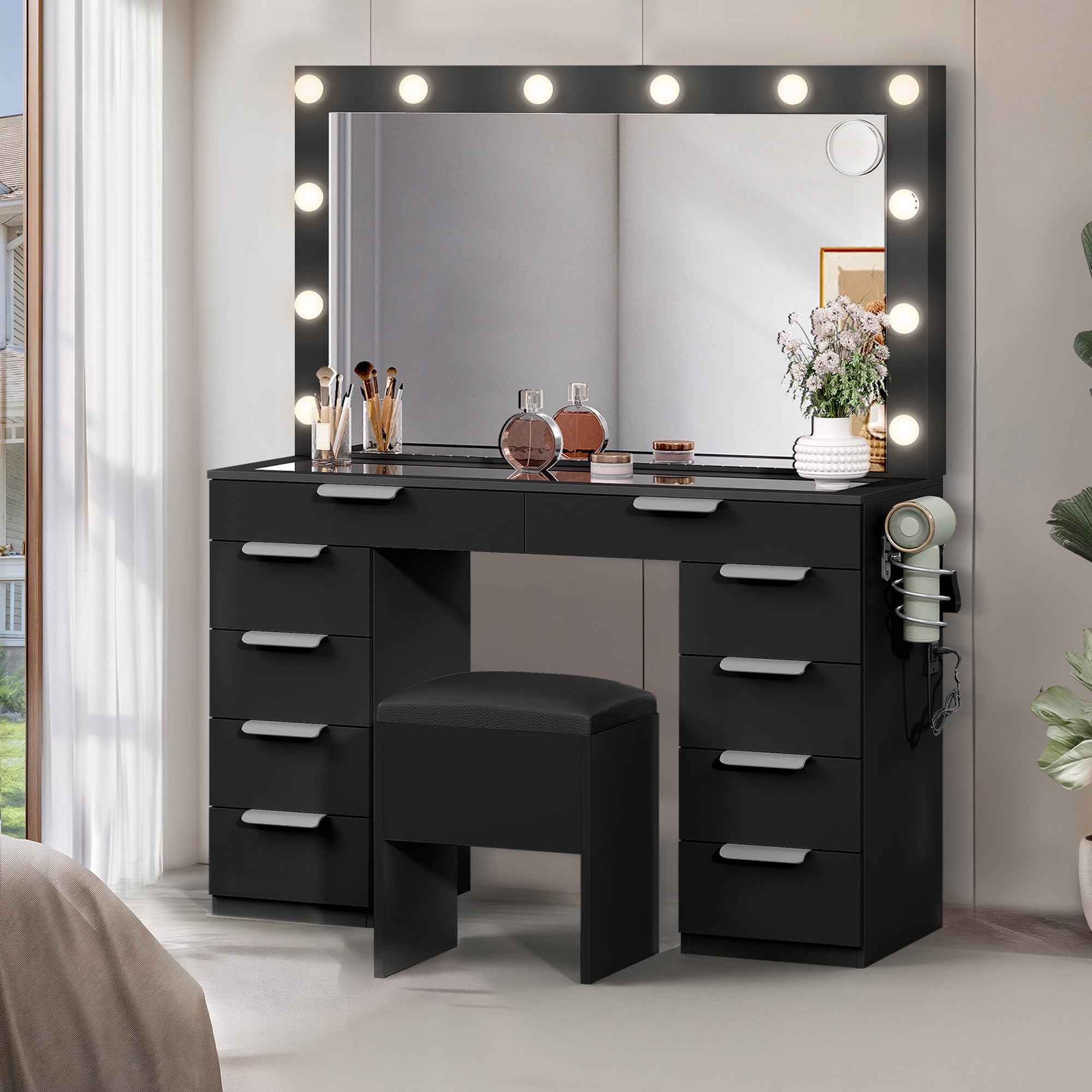 GOOBED 46" Makeup Vanity with Large Mirror & Lights, Glass Top 10-Drawer Vanity Desk Set with Power Outlets & Storage Stool, Dressing Table with 3 Light Modes for Dressing Room, Jet Black