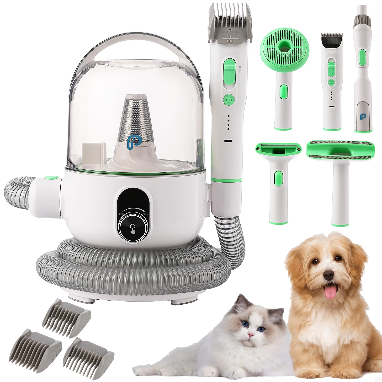 PioneerWorks Dog Grooming Vacuum Blow Dryer and Clippers, Pet Grooming Kit with 2L Large Capacity Dust Box, 5 Pieces Grooming Tools for Dogs and Cats,Green