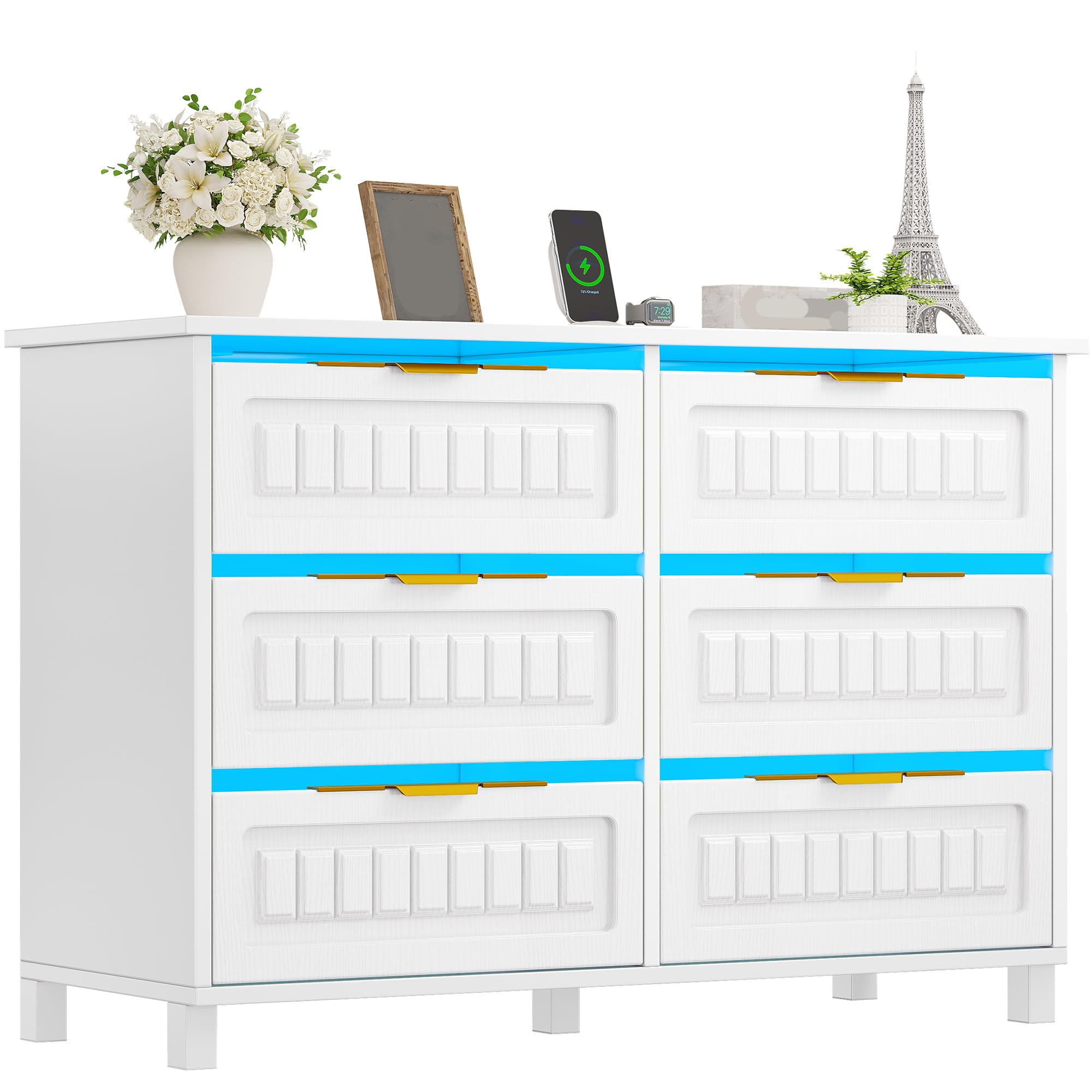 DWVO 6-Drawer Dresser for Room, White Wood Dresser with Charging Station and LED RGB Light, Chest of Drawers Storage Organizer TV Stand for 60'' TV for Room, Living Room, Closet, Entryway