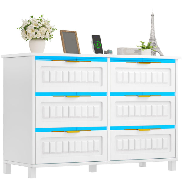 DWVO 6-Drawer Dresser for Room, White Wood Dresser with Charging Station and LED RGB Light, Chest of Drawers Storage Organizer TV Stand for 60'' TV for Room, Living Room, Closet, Entryway