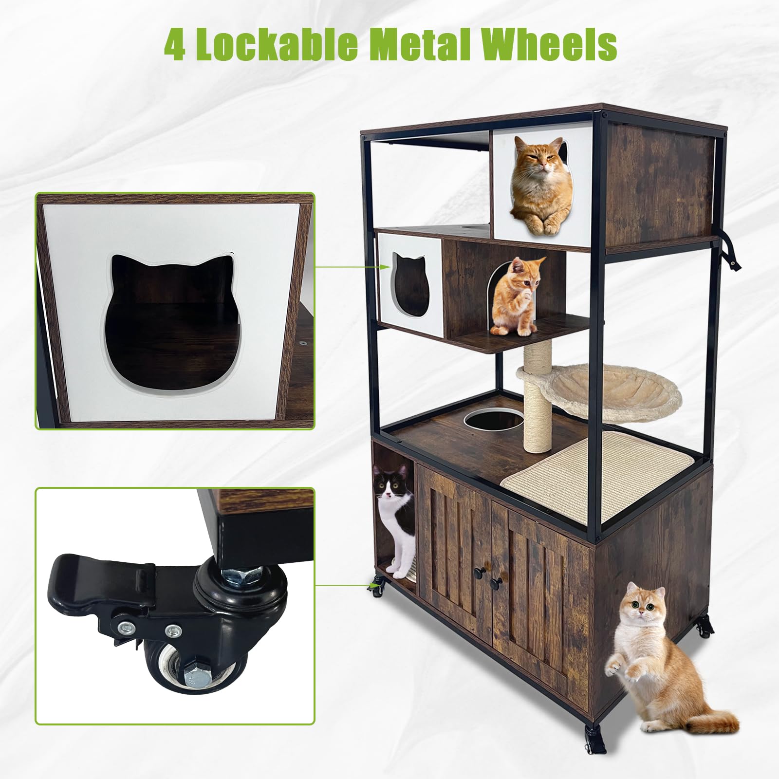 GarveeHome Cat Tree with Litter Box Enclosure 57.5''H Wooden Cat Tower Cabinet with Wheels Dog Proof Corner Hidden Litter Box with Condo, Hammock and Scratching Post Retro Brown
