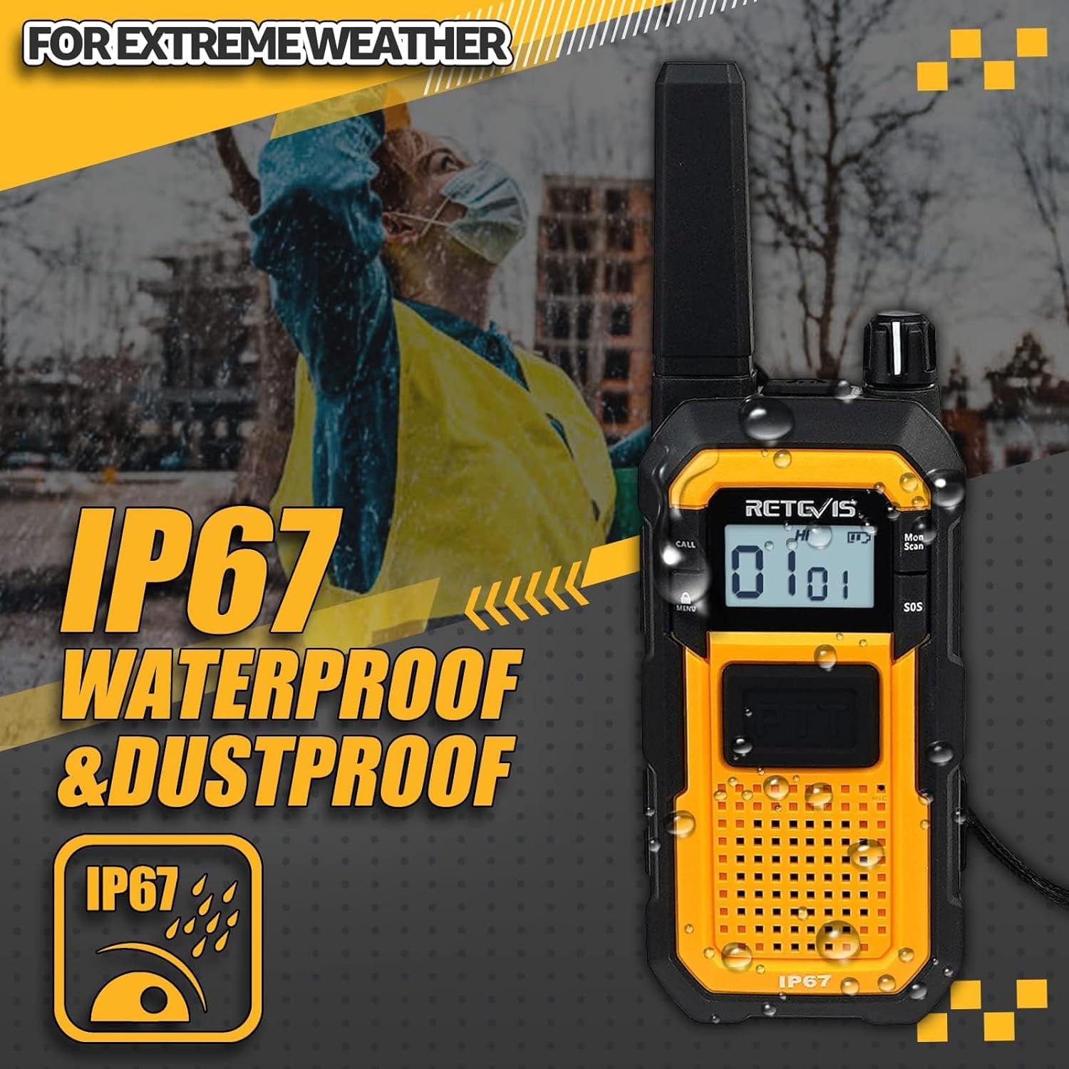 Retevis RB48 Waterproof Walkie Talkies, Heavy Duty Two Way Radio, Advanced Triple Proof, Vibration Call, USB-C, SOS,2000mAh, NOAA, 2 Way Radio(2 Pack) Yellow