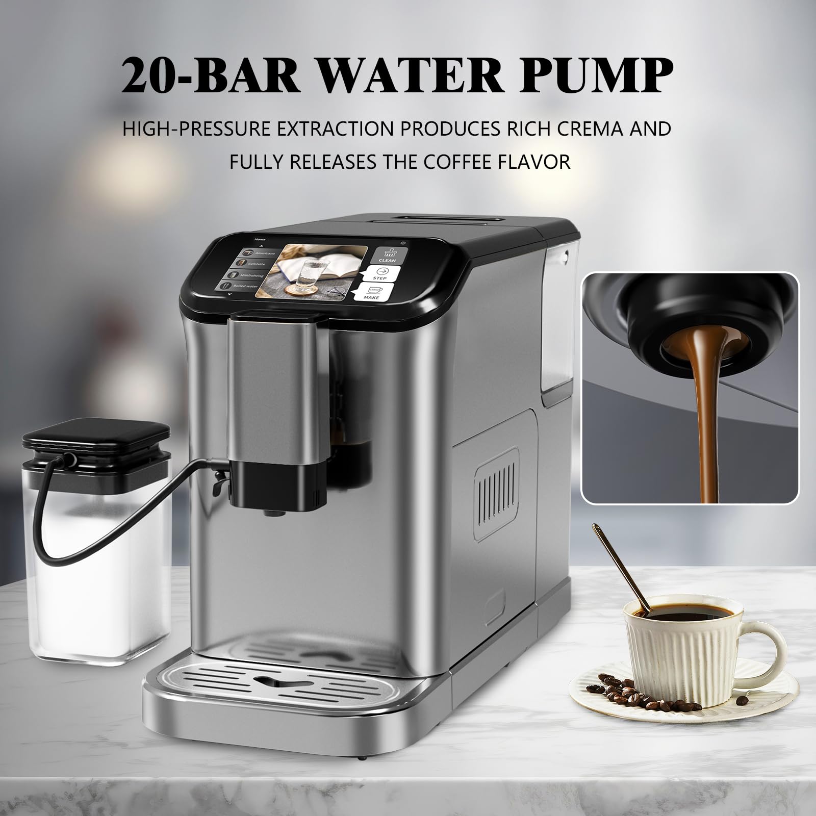 GarveeHome Automatic Espresso Machine & Milk Frother with Stainless Steel Conical Burr Grinder, Integrated 0.75L Milk Container & 1.5L Water Tank, One-Touch Brew Cappuccino & Latte Machine (Grey)