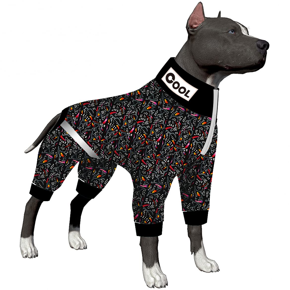 LovinPet Pitbull Dog Bodysuit, Post Surgery Recovery Pajamas, Pullover Dog Onesie with Reflective Stripe, Soft & Stretchy, Black Monarch Butterfly Print, Big Dog Jammies,Grey, 3XL