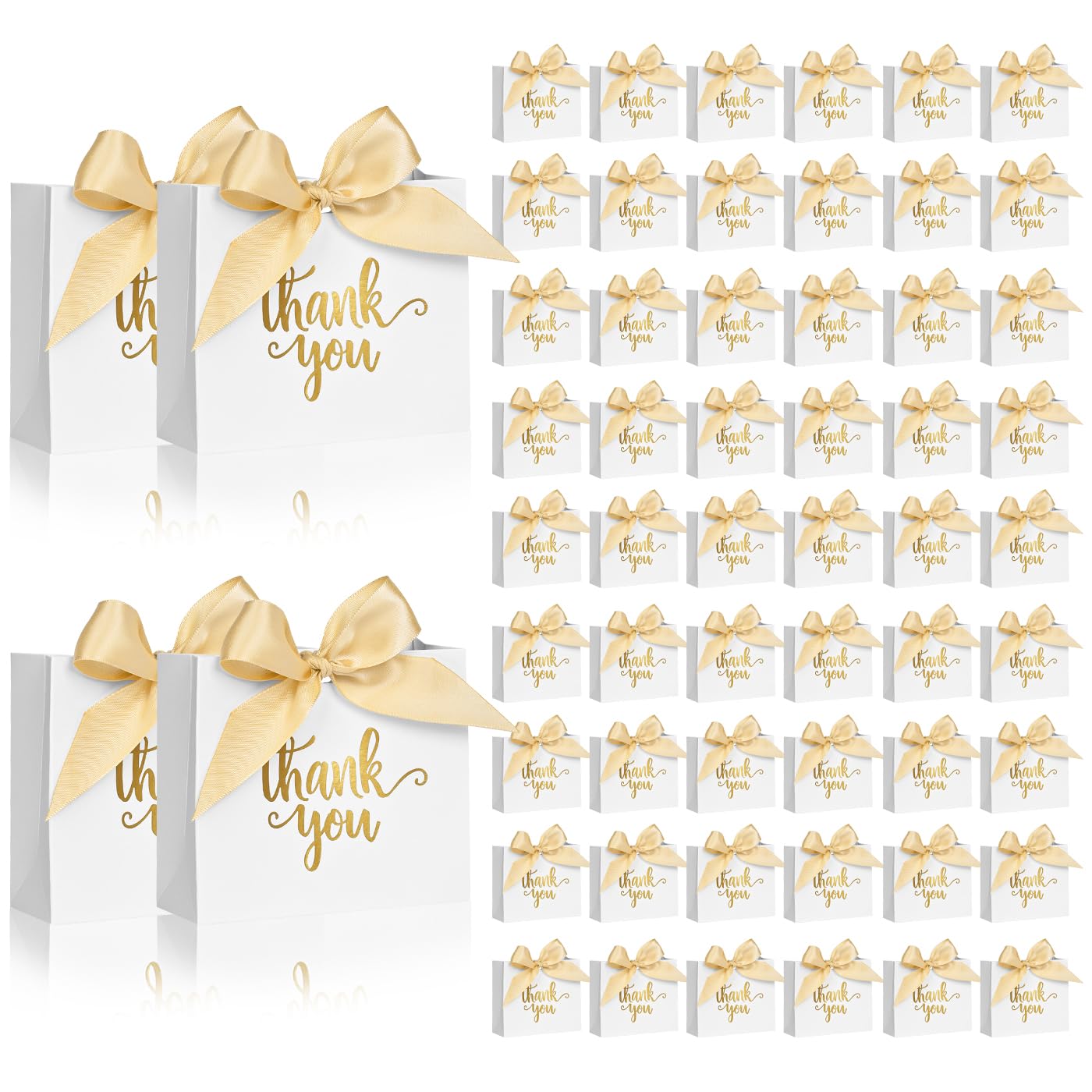 DECHISY 60Pack Small Thank You Gift Bags, 4.5x1.8x3.9 Inches White Paper Gift Bags with Ribbon Mini Gift Bags Bulk Wedding Candy Favor Boxes Birthday Party Favor Bags for Baby Shower Anniversary