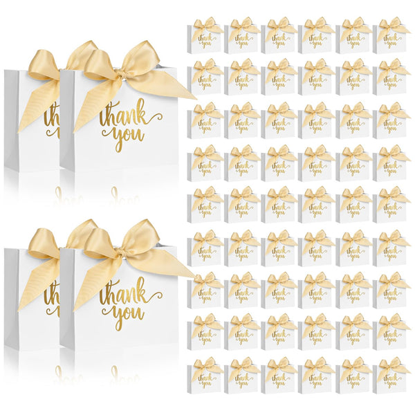 DECHISY 60Pack Small Thank You Gift Bags, 4.5x1.8x3.9 Inches White Paper Gift Bags with Ribbon Mini Gift Bags Bulk Wedding Candy Favor Boxes Birthday Party Favor Bags for Baby Shower Anniversary
