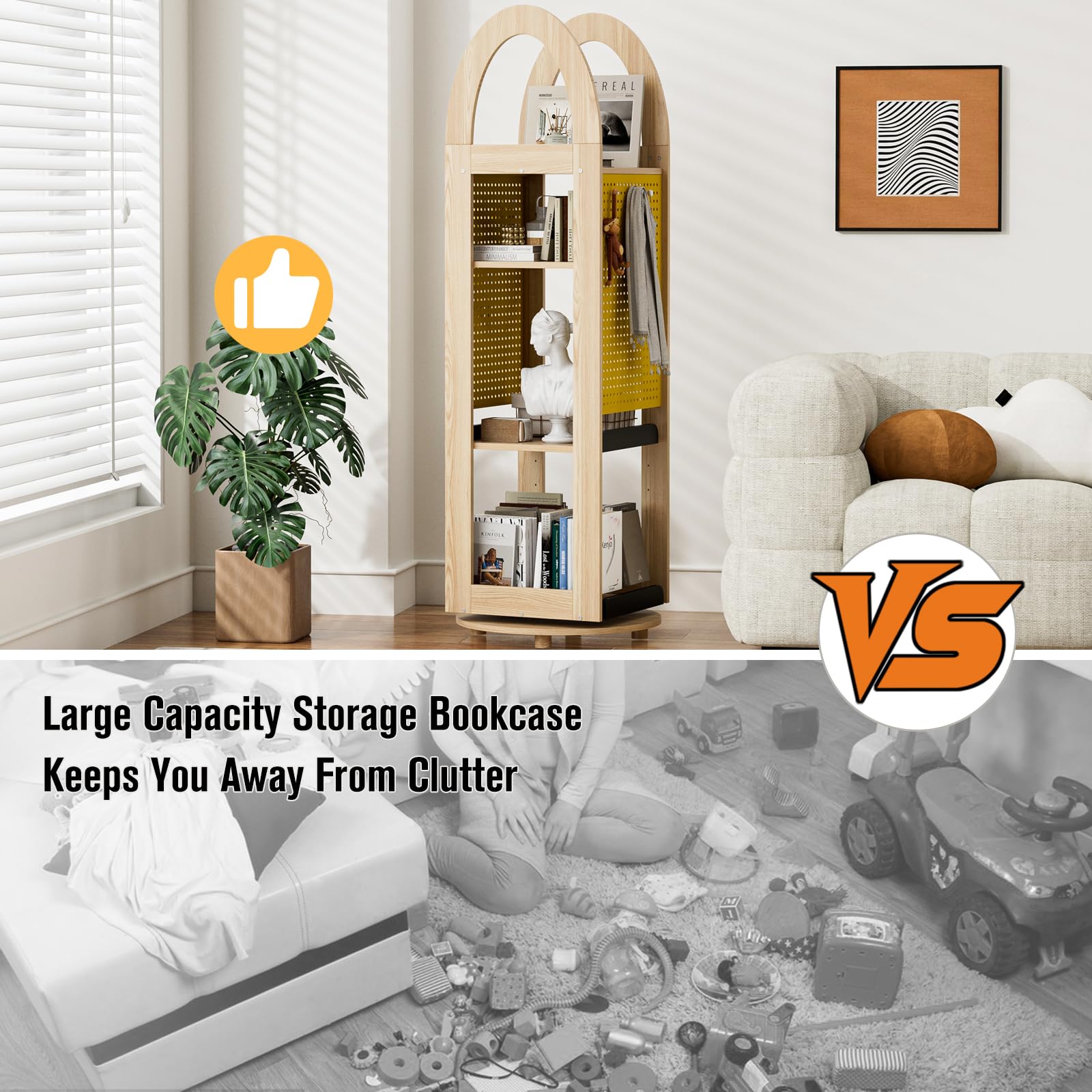 PulSpeed 360° Rotating Bookshelf 59" Tall - 4-Tier Solid Beech Wood & Iron Shelf DIY Pegboard, Anti-Tip Design Heavy Duty Storage for Small Space/Office/Living Room/Nursery/Apartment/Kid's Room
