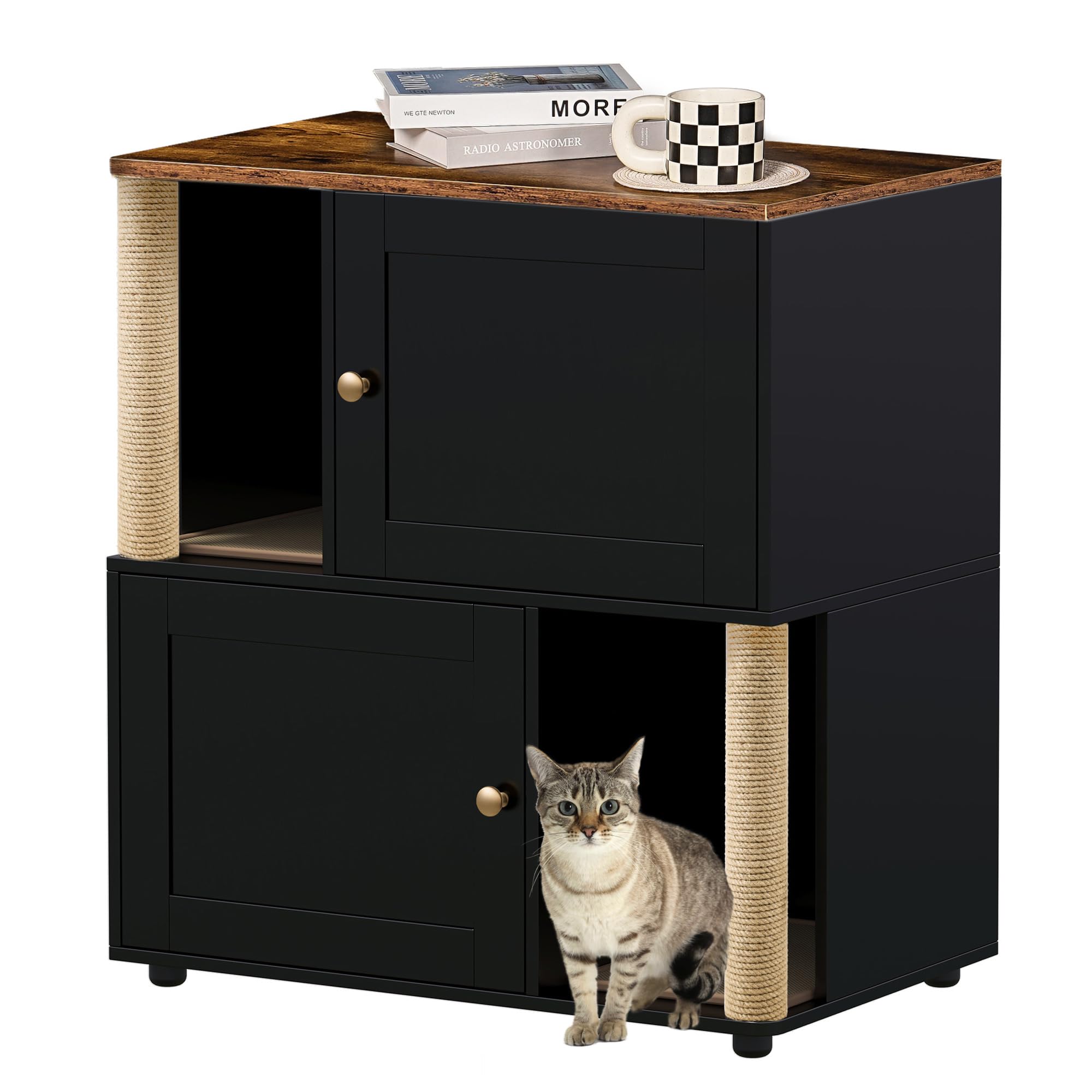 Cat Litter Box Enclosure for 2 Cats, Litter Box Enclosure with Double Room, Hidden Enclosed Cat Litter Box Furniture with Scratch Posts and Double-Layer Litter Mats Black