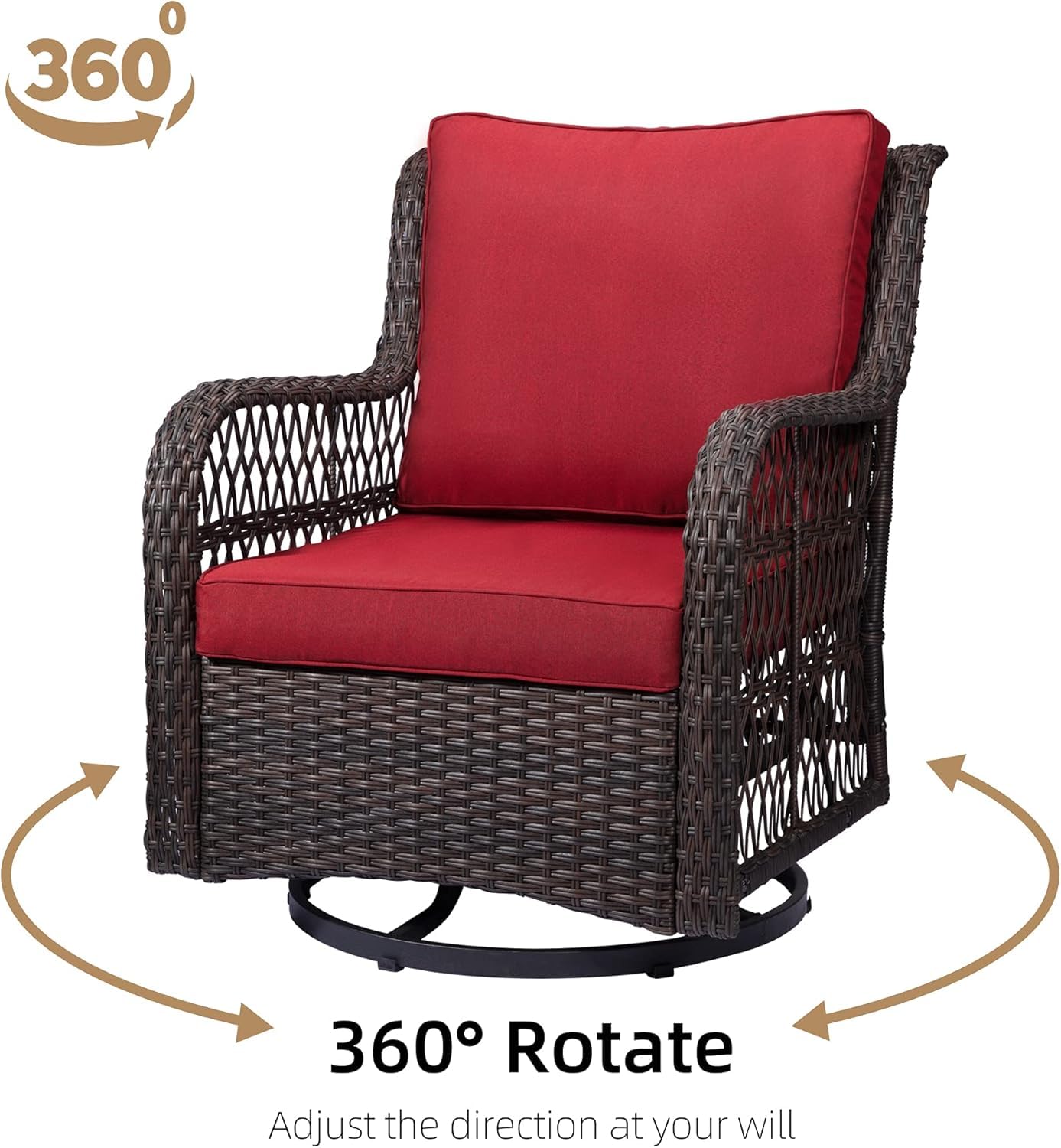 3-Piece Outdoor Wicker Rattan Swivel Rocking Chair Set with Armored Glass Side Table & Premium Cushions - 360° Swivel Patio Furniture for Backyard, Porch, Deck, Balcony, Garden, Rust