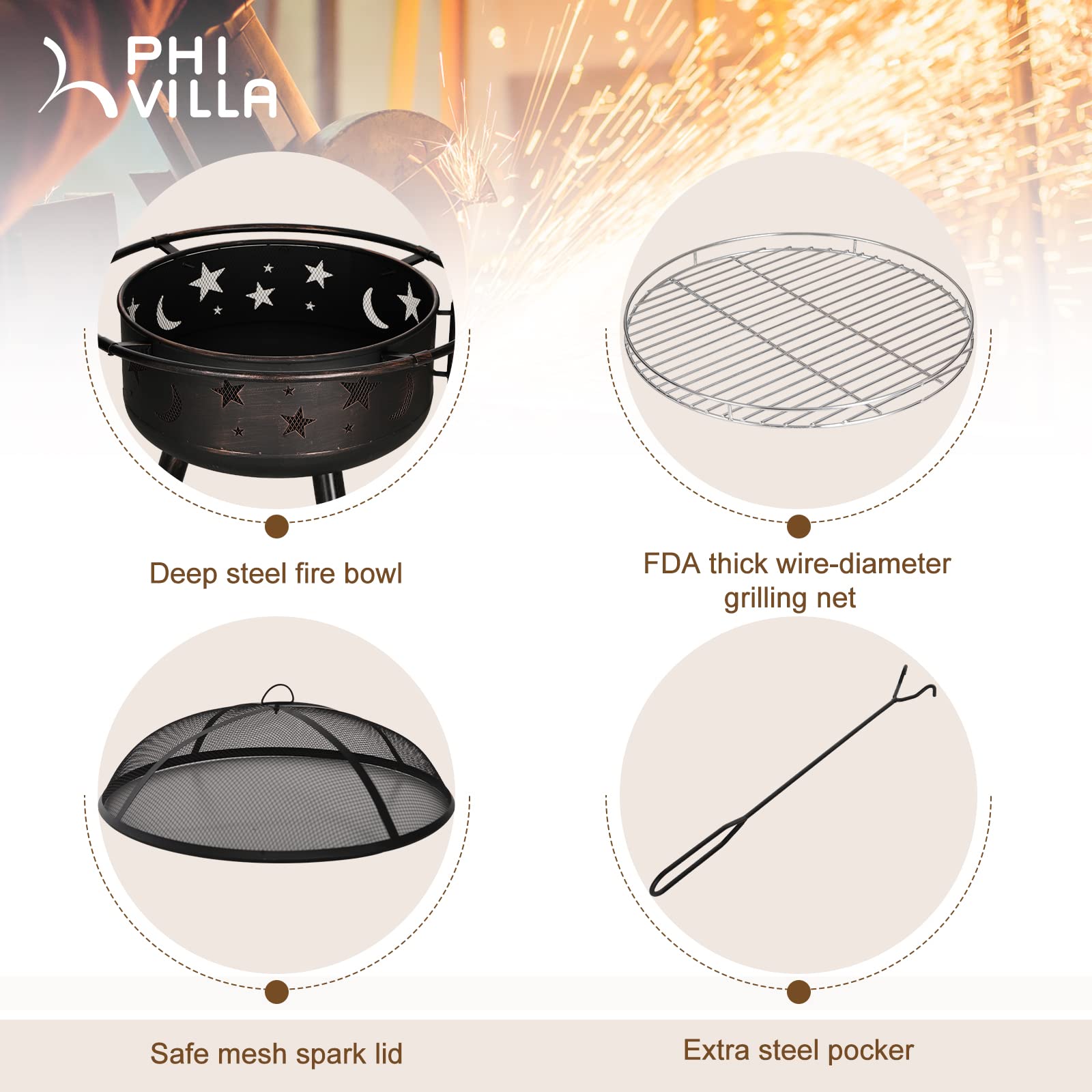 PHI VILLA 30" Outdoor Wood Burning Firepit with Cooking Grate, Patio Deep Bowl Steel Fire Pits for Outside with Adjustable Swivel BBQ Grill Pan, Star & Moon Cutouts Pattern, Poker & Spark Screen