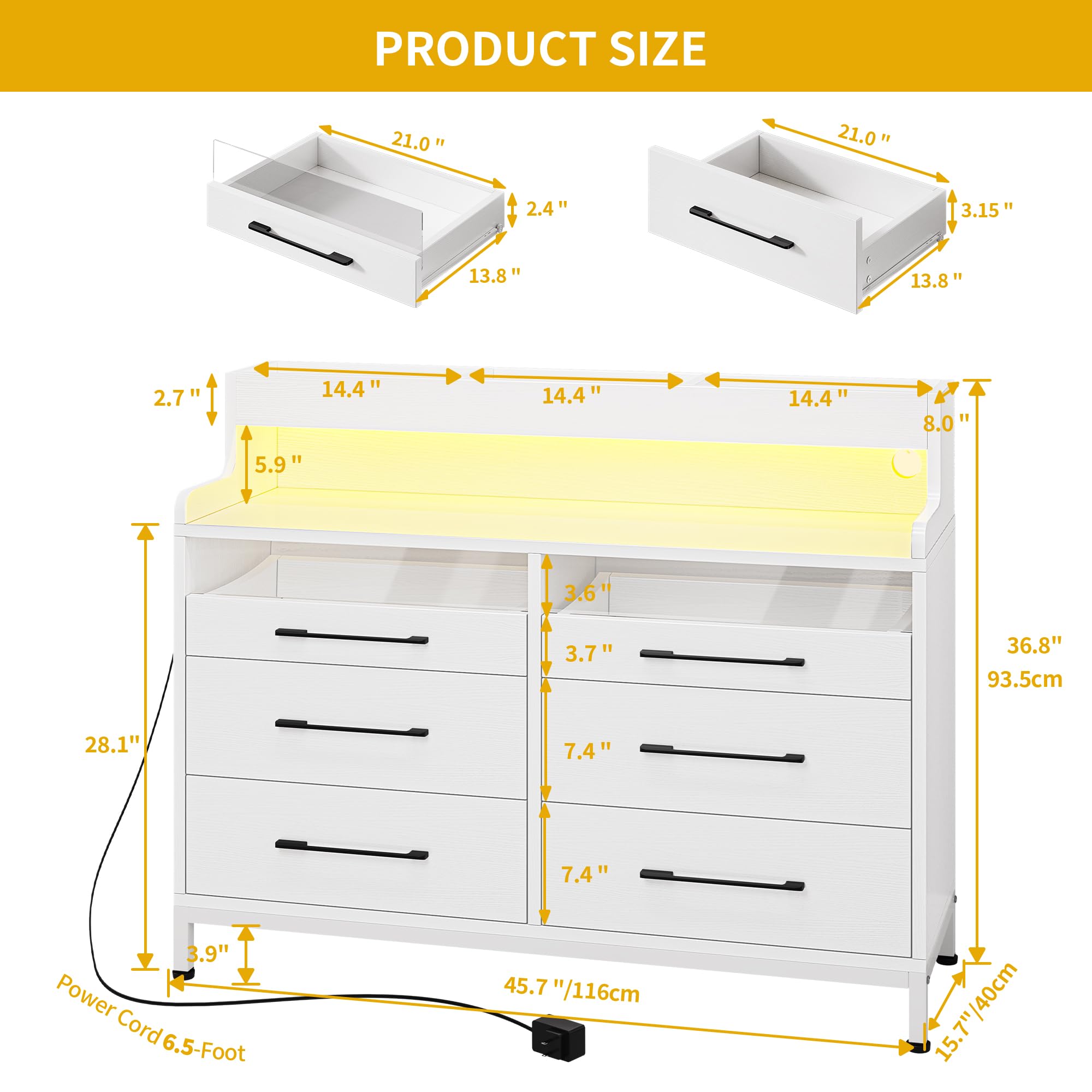 DWVO 6 Drawer Dressers with LED Light, Dresser & Chests of Drawers with Charging Station, Modern Dresser with Open Shelf Storage for Room, Entryway, Hallway, White