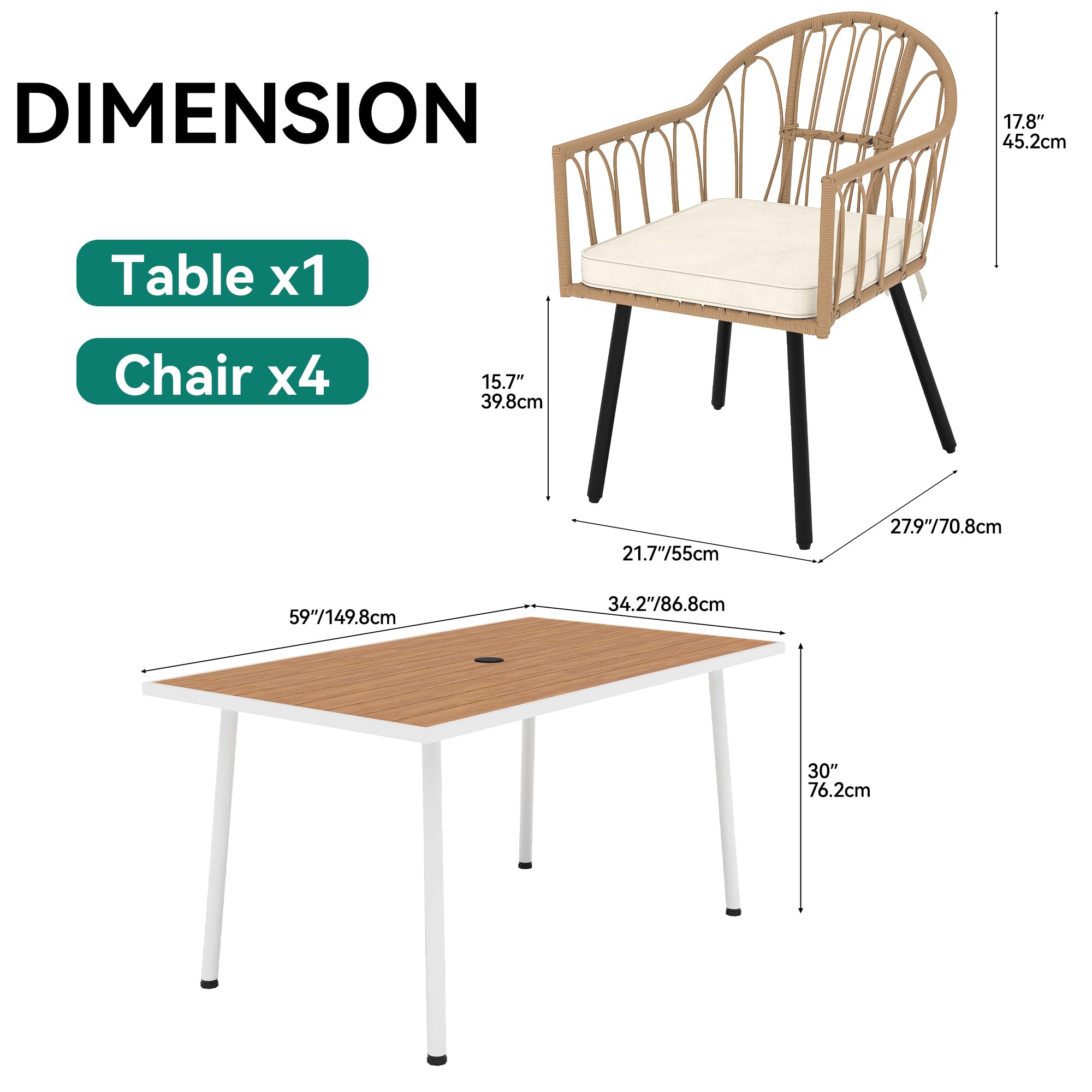 YITAHOME Outdoor Patio Dining Set 5pcs 59" Outdoor Table and Chairs Patio Dining Furniture Sets for 4/6 with Umbrella Hole Outdoor Dining Table Set for Garden Lawn Porch Indoor Beige