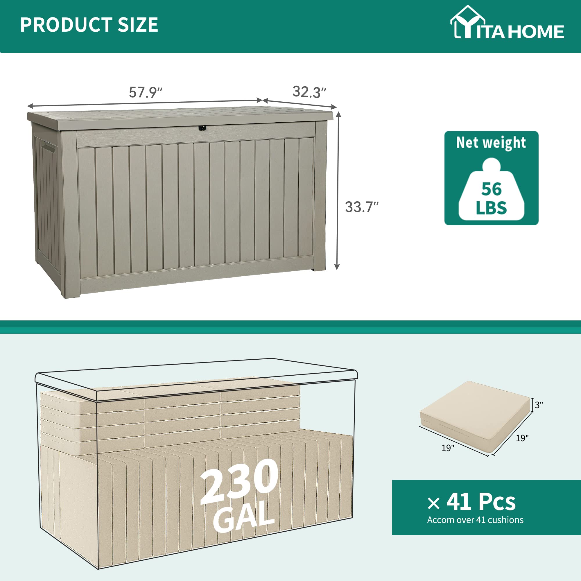 YITAHOME 230 Gallon Outdoor Storage Deck Box, Weather-Resistant Resin, Versatile for Patio Furnishings, Outdoor Cushions, Garden Tools, and Sports/Pool Gear, Taupe