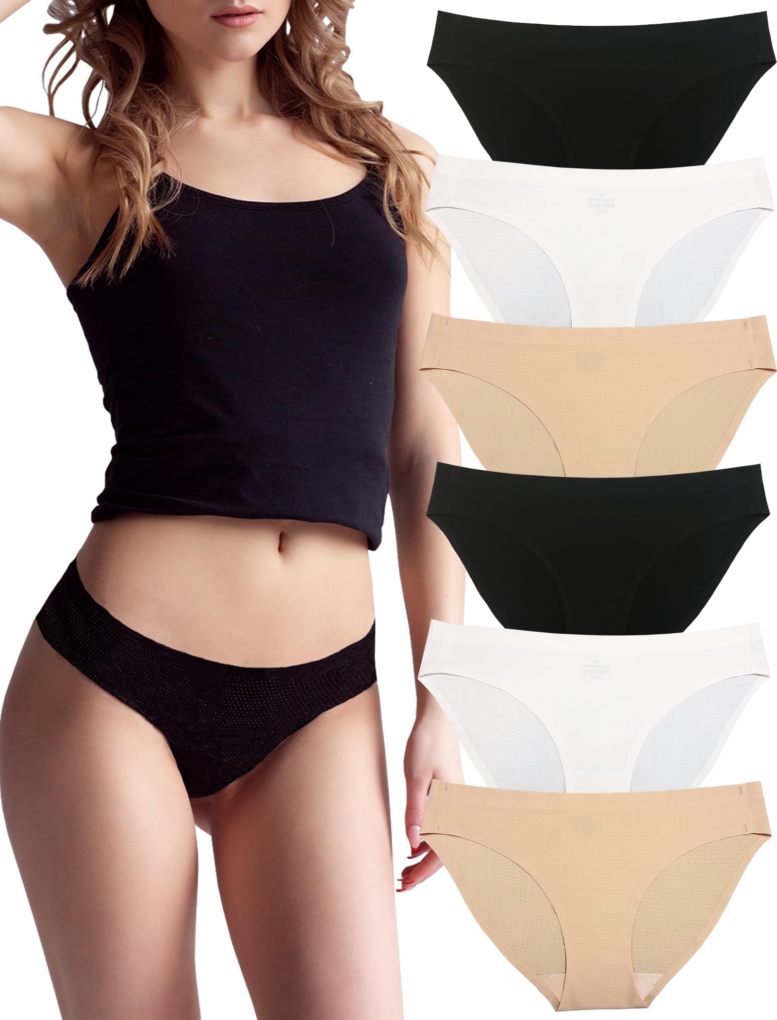 KUKU PANDA No Show Panties for Women Seamless Workout Underwear Invisible Nylon Spandex Undies for Ladies 6 Pack Set (Black/White/Beige, X-Large)