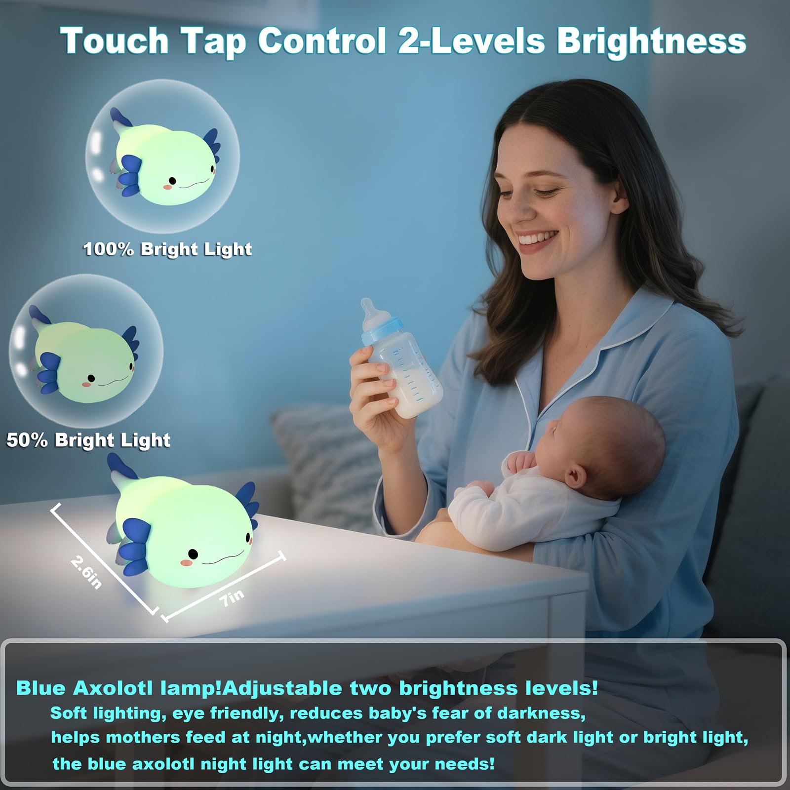 HAPPYBAG Axolotl Night Light,Cute Axolotl lamp Gifts for Kids,Dimmable Silicone Animal Nursery Night Light,Kawaii Rechargeable Bedside Touch Lamp,Baby Room Decor Axolotl Light