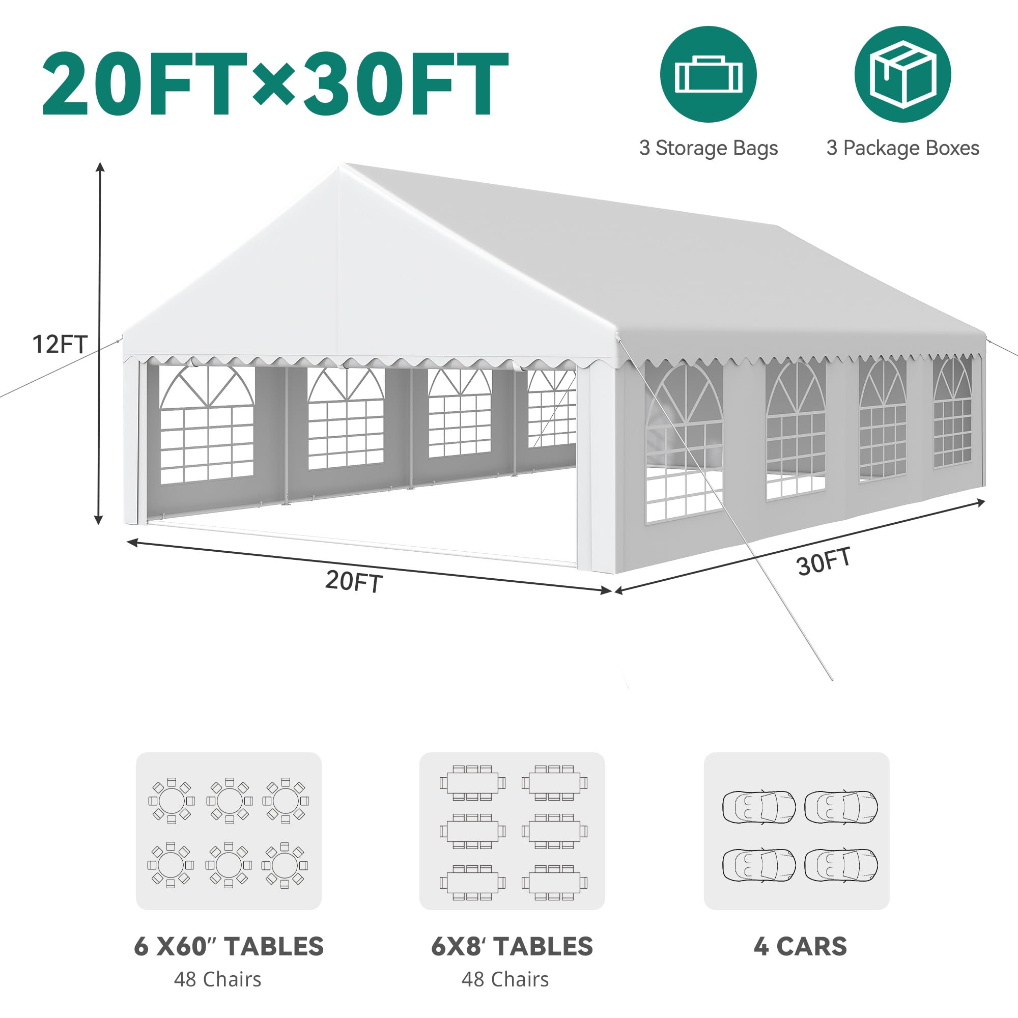 YITAHOME 20x30FT Party Tent Heavy Duty Wedding Event Shelters PVC Upgraded Galvanized Ripple Canopy with Large Roof Removable Sidewalls & 3 Storage Bags 600D Oxford Commercial, White