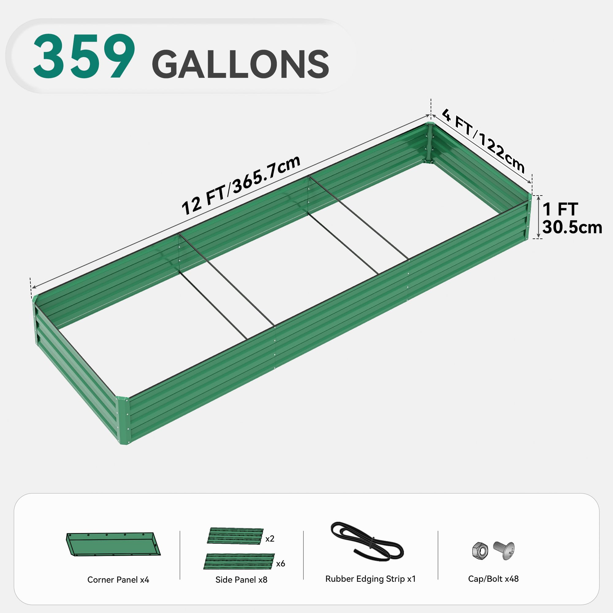 YITAHOME 12x4x1ft Large Raised Garden Bed Kit, Galvanized Metal Planter Box with Gloves, Ground Nails, Support Rod & Safety Rubber, Outdoor Above Ground Planters for Plants Vegetables Flowers, Green