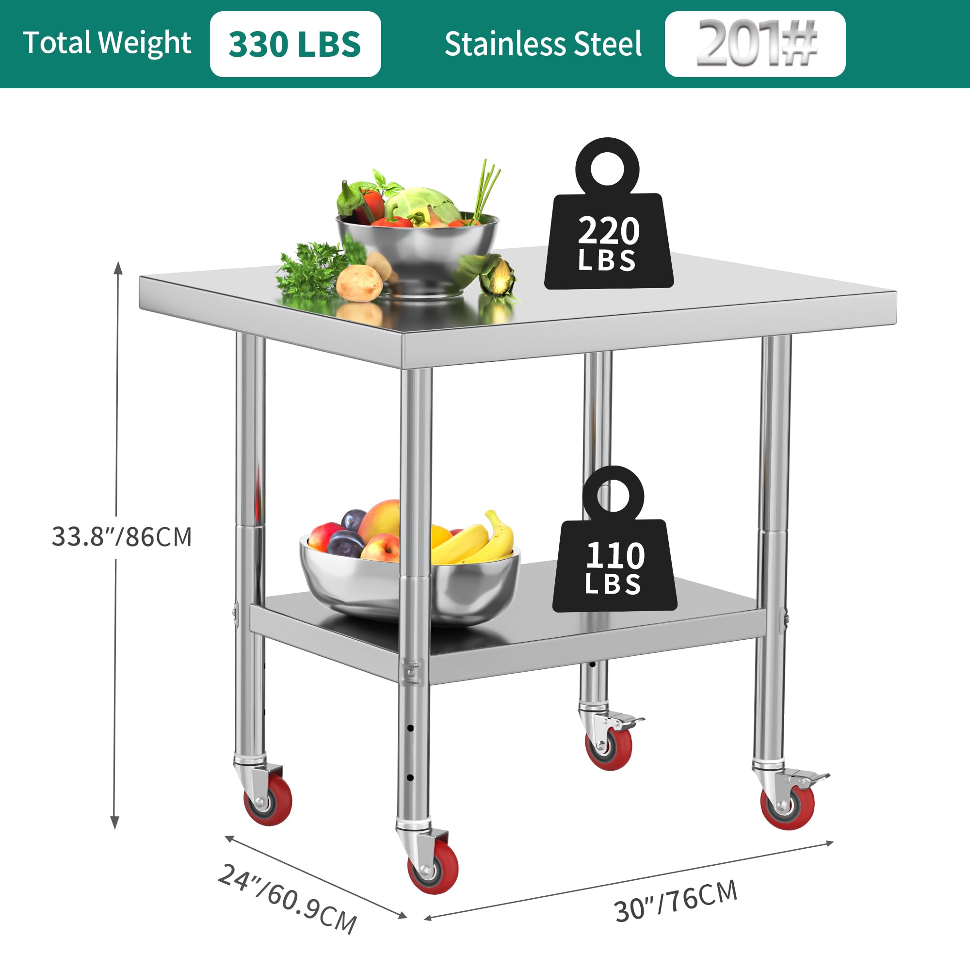 YITAHOME NSF Stainless Steel Table, 30" X 24" Work Table with Wheels, 2 Shelves Metal Prep Worktable for Home Kitchen Restaurant Garage Warehouse Outdoor