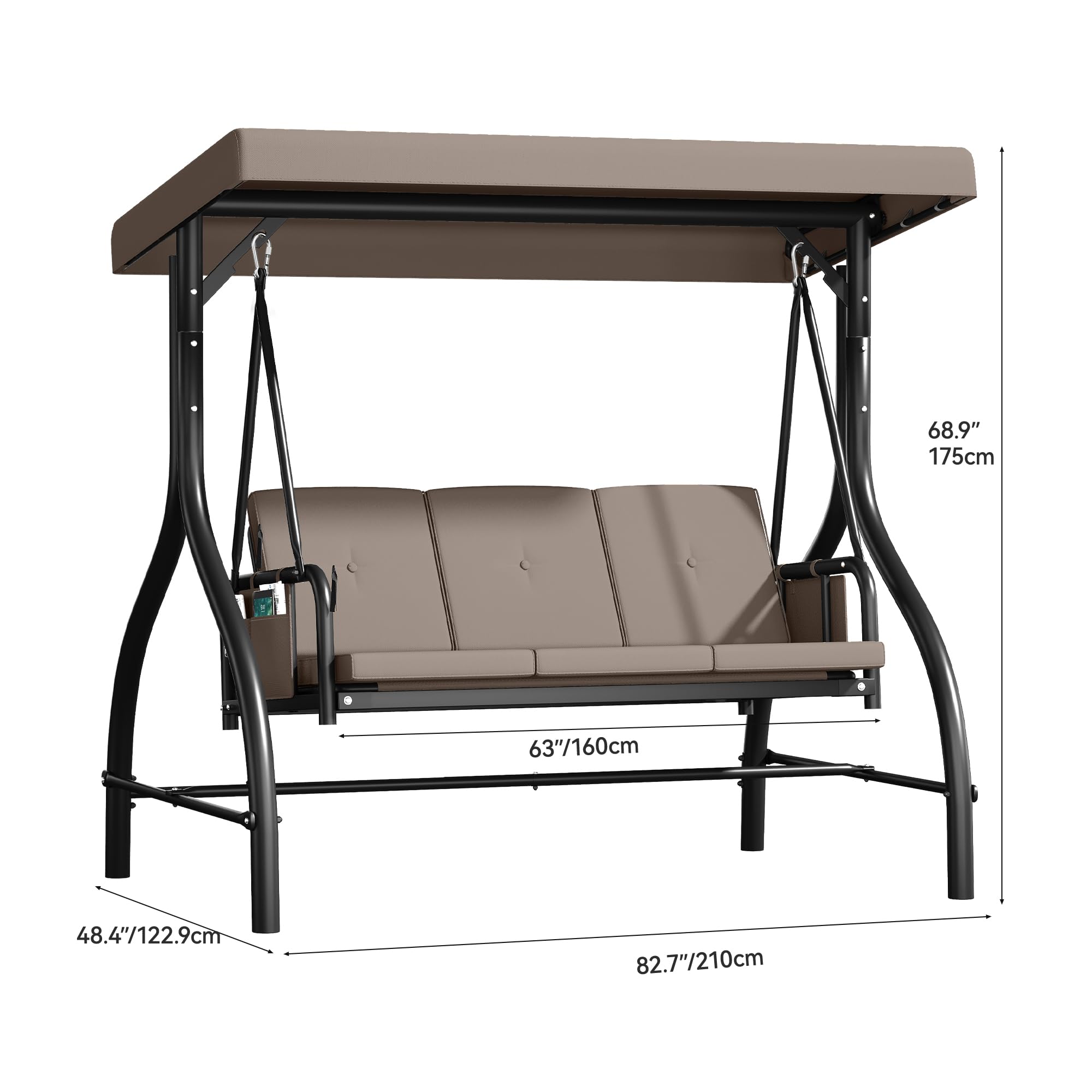 DWVO 3-Seat Outdoor Porch Swing with Adjustable Canopy - Heavy Duty Swing Chair with Removable Cushion, Backyard (Gray)