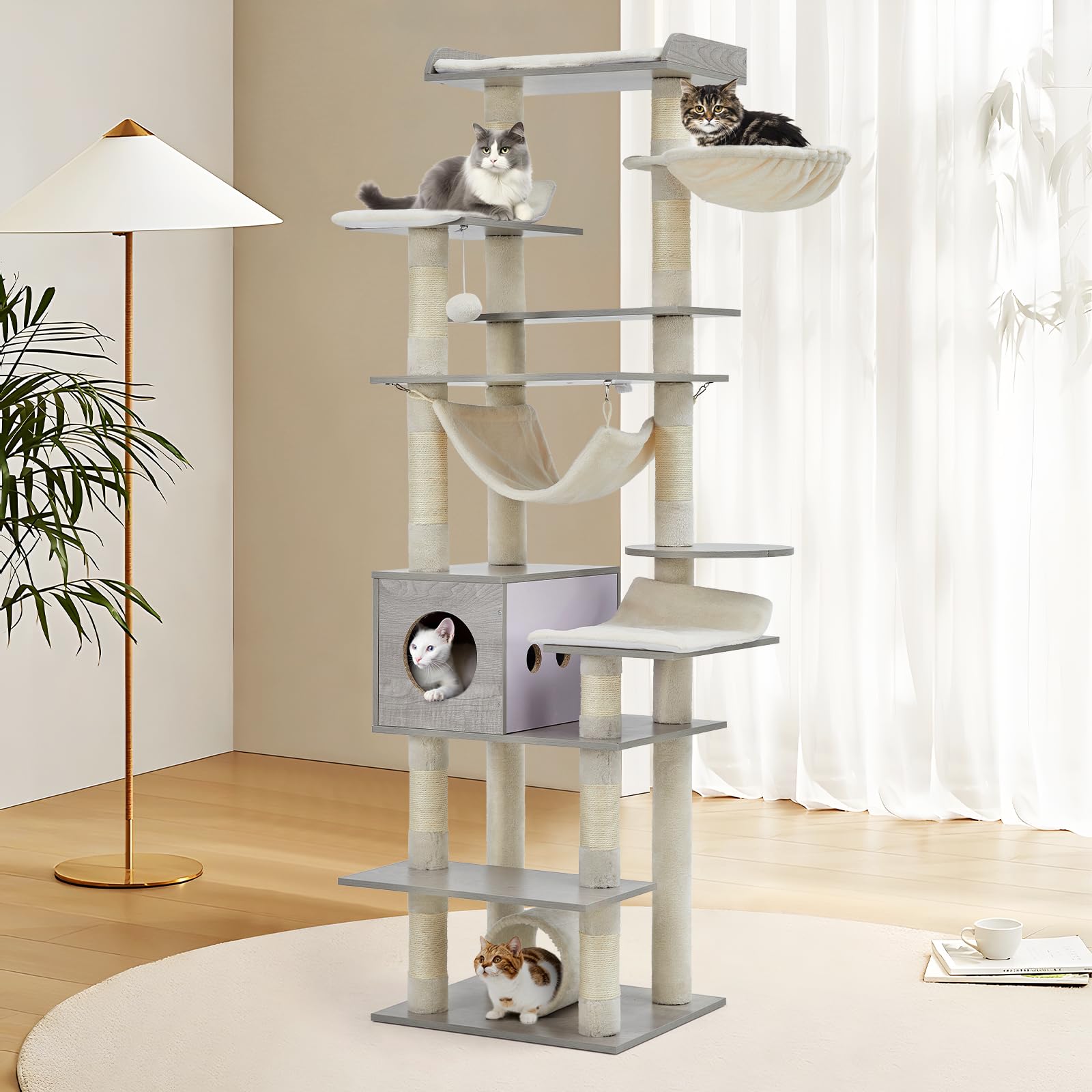 GOCAPTAIN 67" Large Cat Tree for Big Cats,Multi-Level Tower with Scratching Posts, Condo, Perches, Hammock, Tunnel & Feeding Station,Retro Light Gray