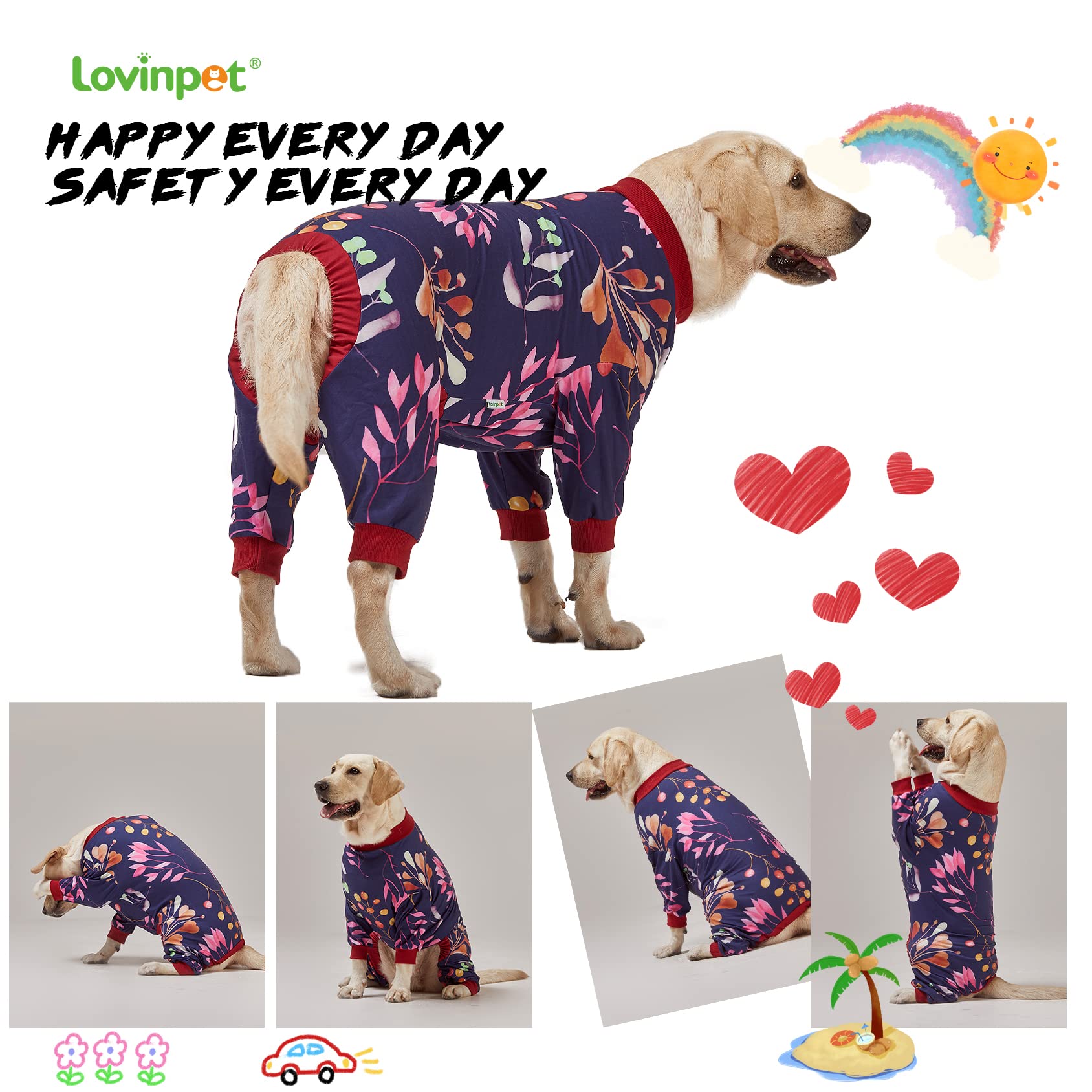 LovinPet Dog Clothing, Navy Berries Print, Large Weimaraner Jammies, Weimaraner Protective Clothing, Lightweight Pullover Dog Pajamas, Full Coverage Weimaraner Pajamas/XL