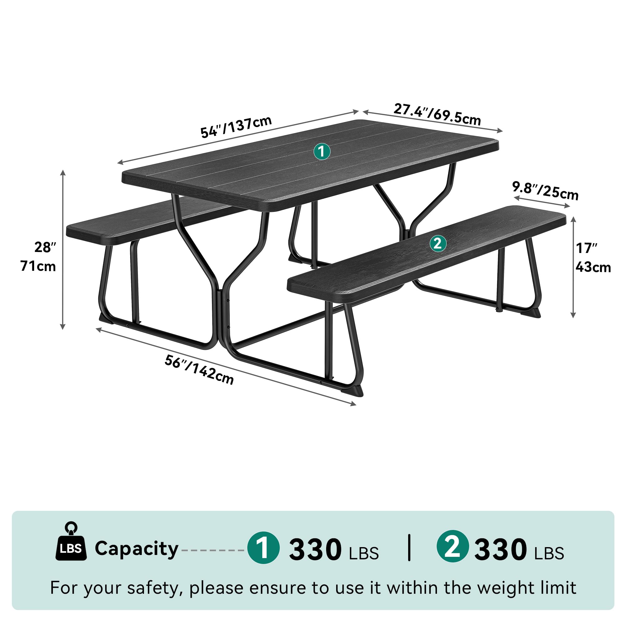 YITAHOME Picnic Table Heavy Duty Outdoor Picnic Table and Bench with Weather Resistant Resin Tabletop & Stable Steel Frame for Yard Patio Lawn Party Black