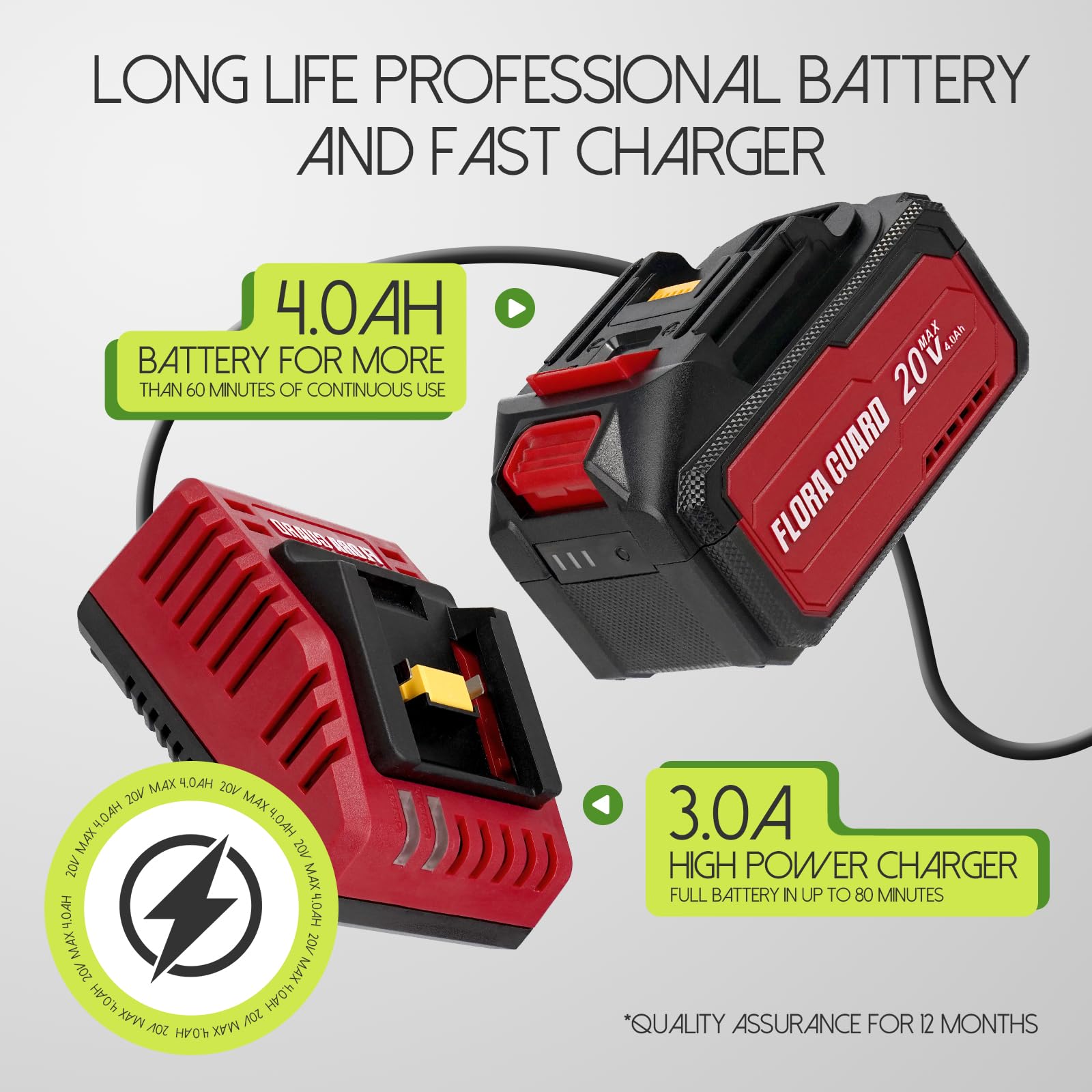 FLORA GUARD Electric String Trimmer, 2-in-1 for Lawn Mowers and Lawn Edge Trimmers, Heavy-Duty Construction, Stable and Durable, Includes 4.0Ah Battery and 3.0A Charger