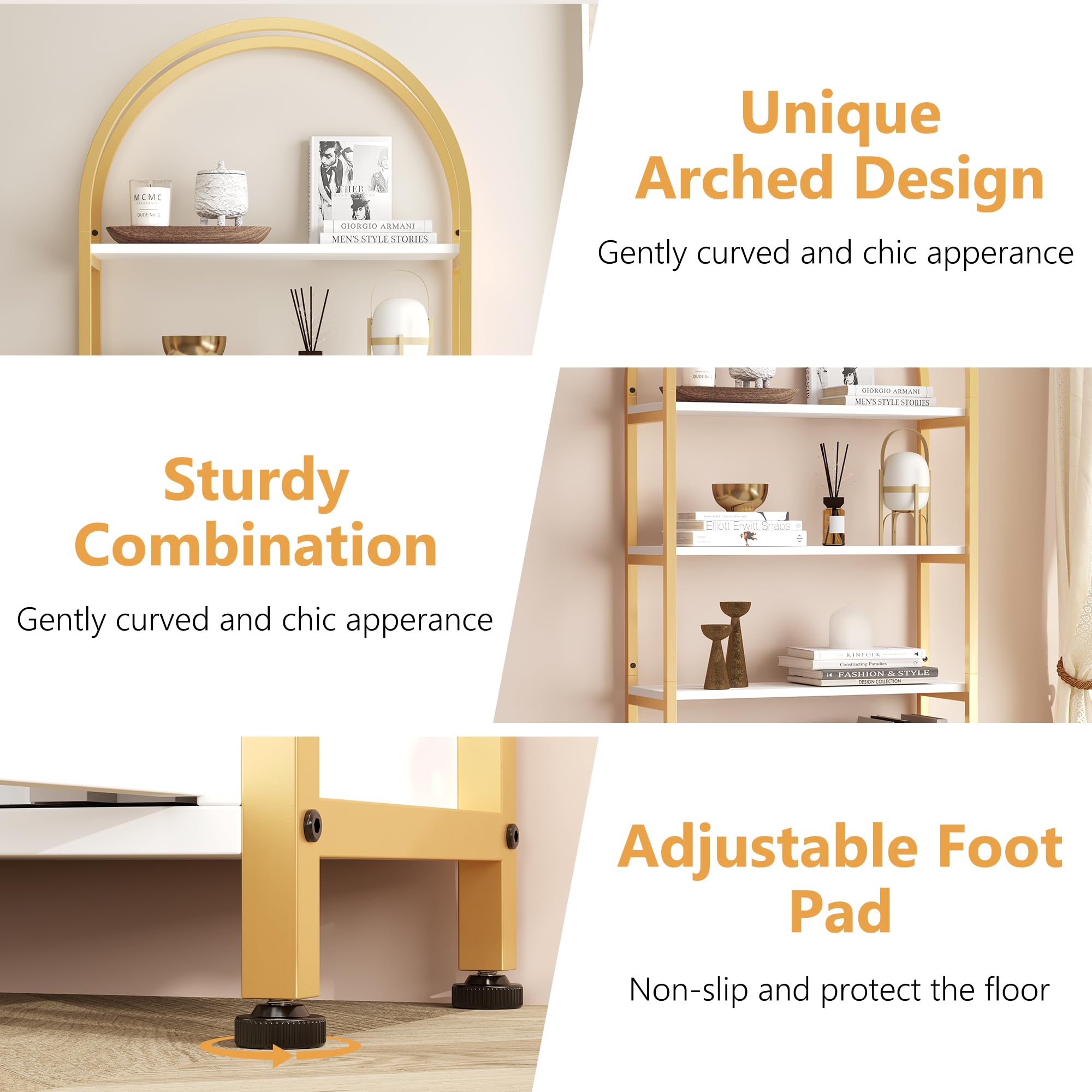 GarveeHome Arched Bookshelf, Bookcase with Doors Storage, 71.5 Inches Tall Industrial Book Shelf with Sturdy Metal Frame and Quality Boards, Freestanding Display Shelving (Gold)
