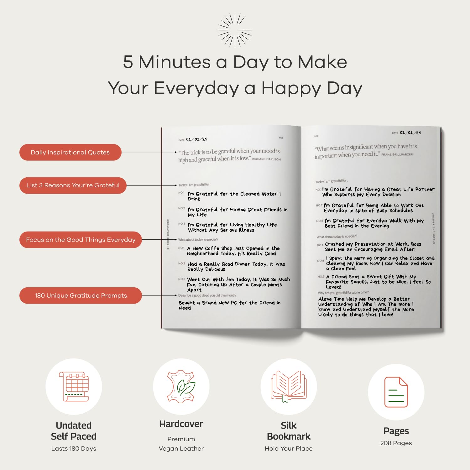 Gratitude Gifted 5-Minute Guided Gratitude Journal for Men & Women – Daily Gratitude Prompts, Mindfulness & Self-Care, Leather Bound Hardcover, Undated, Simple Journal to Foster Happiness & Positivity