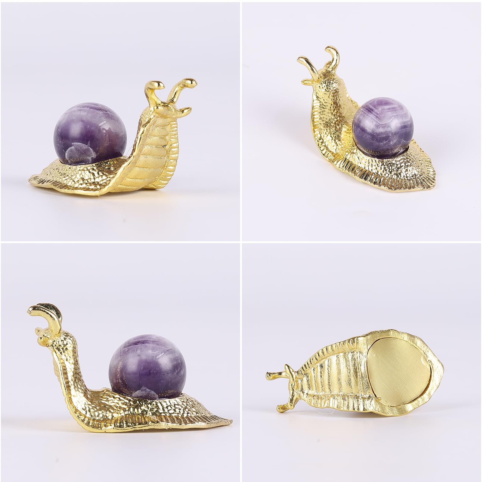 SHENGTIAN 2-Piece Set, 2-Inch Handcrafted Gold Snail Statues with 0.78-Inch Natural Amethyst Crystal Balls, Symbolizing Safety and Journey, Ideal for Desk and Home Decor (Amethyst)