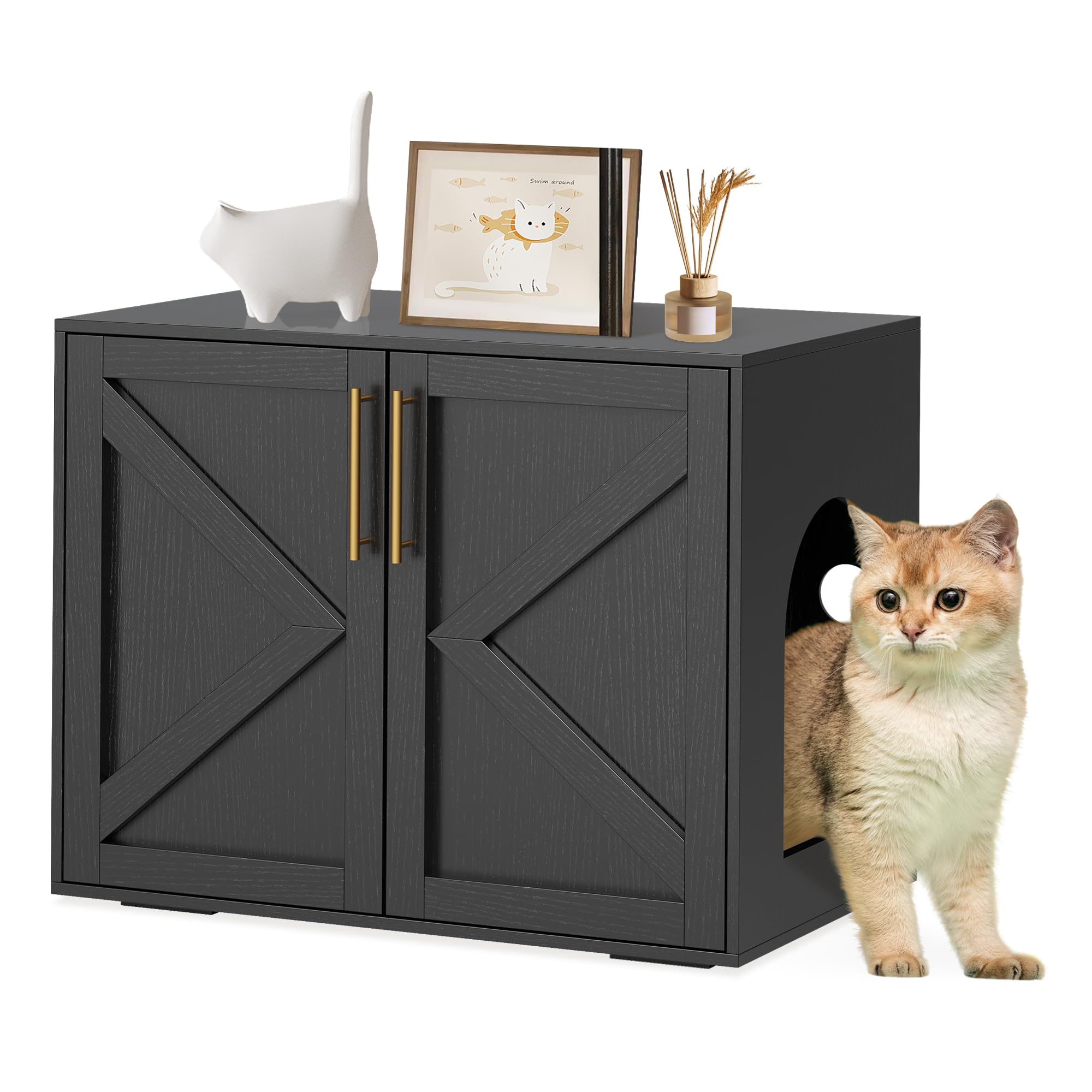 GarveeHome Cat Litter Box Enclosure, Hidden cat Litter Box Furniture with with 2 Doors and Pads, Wooden Kitty Litter Box Cabinet Furniture (Black, 1 Room)