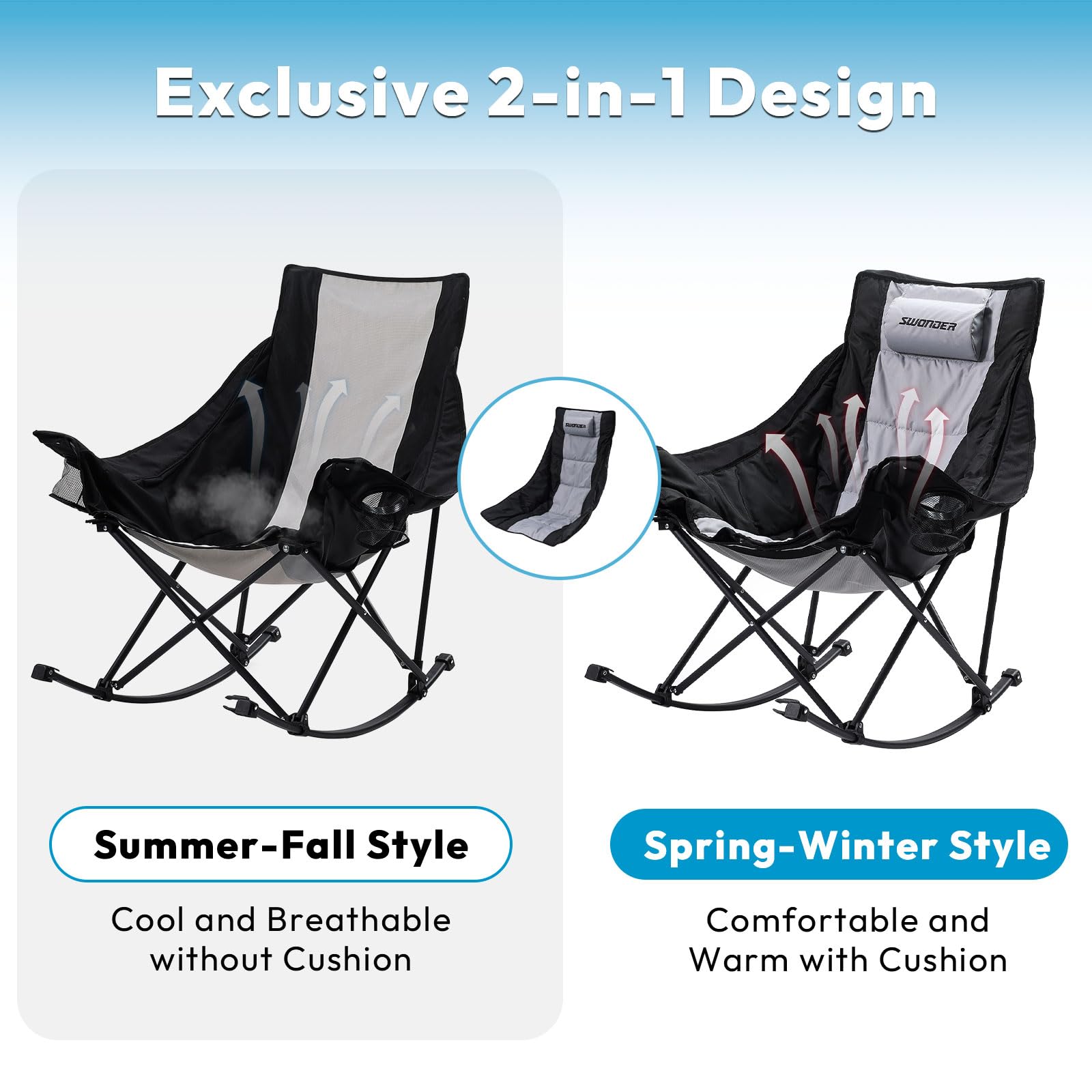 Swonder Oversized Rocking Camping Chair with Innovative 2-in-1 Removable Seat Cushion for All Seasons, Fully Padded Folding Outdoor Chair with Headrest and Carry Bag