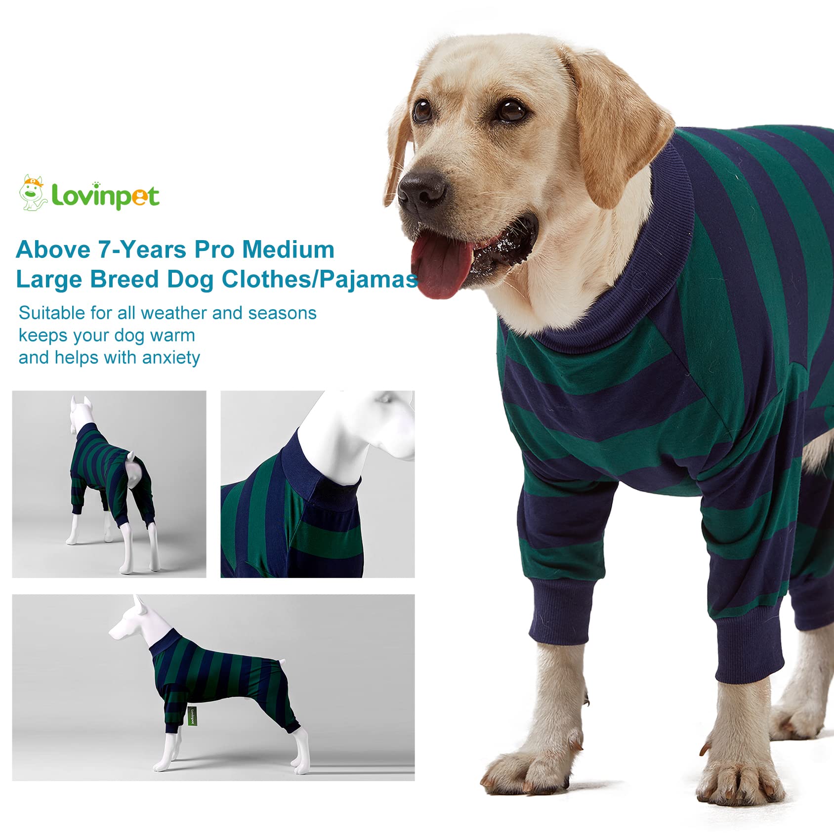 LovinPet Large Dog Pajamas Bodysuit, Lightweight Stretchy Knit Pullover Dog Onesie, Pet Pajamas for Dogs, Green and Black Stripe Print Dog Shirt, UV Protection, Stop Shedding for Dogs, Pet PJ's, L