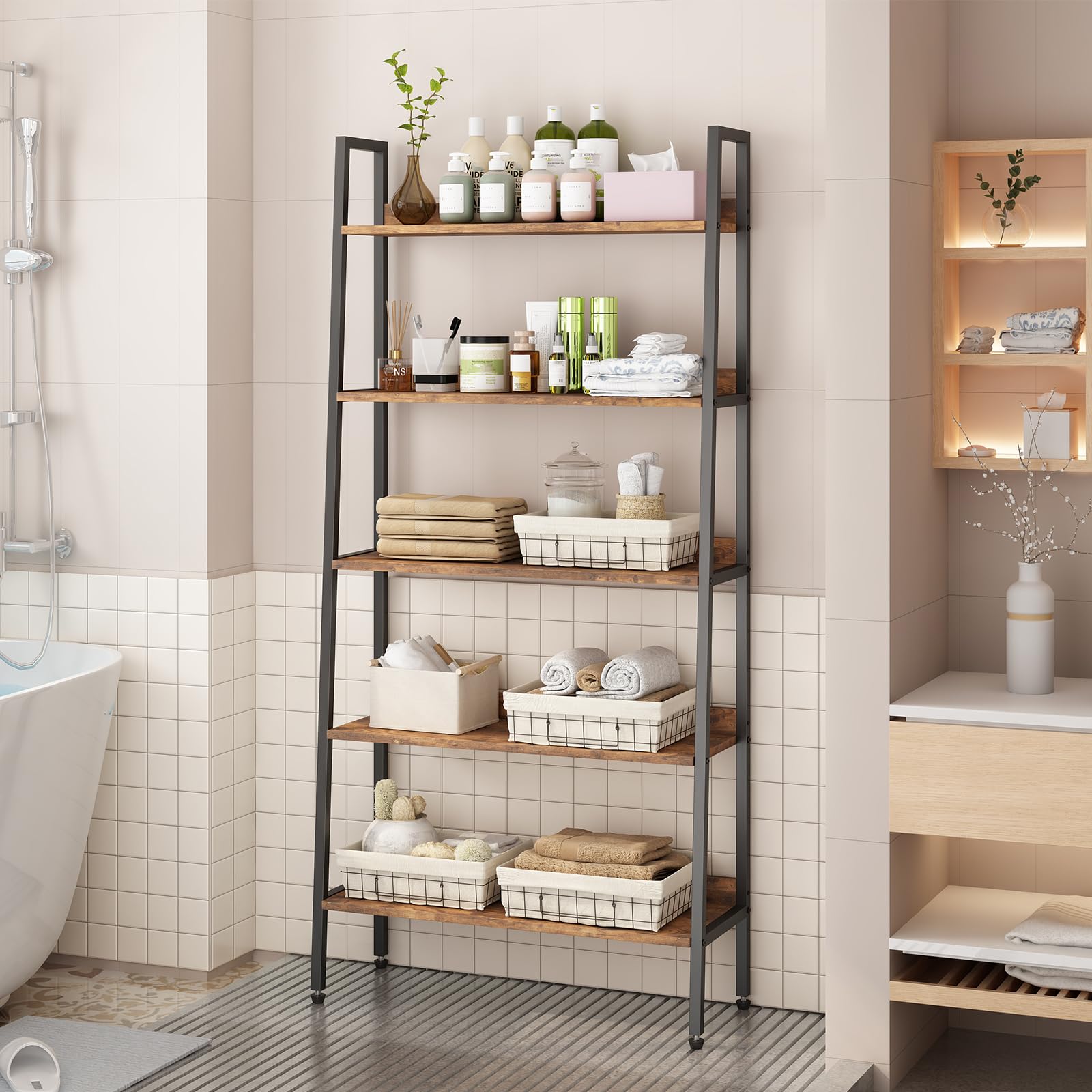 GarveeHome 5 Tier Bookshelf, Narrow Home Office Book Shelf Display Rack, Rustic Brown Storage Organizer with Open Shelves, 67" Tall Wood Bookcase with Metal Frame for Bedroom Kitchen Living Room