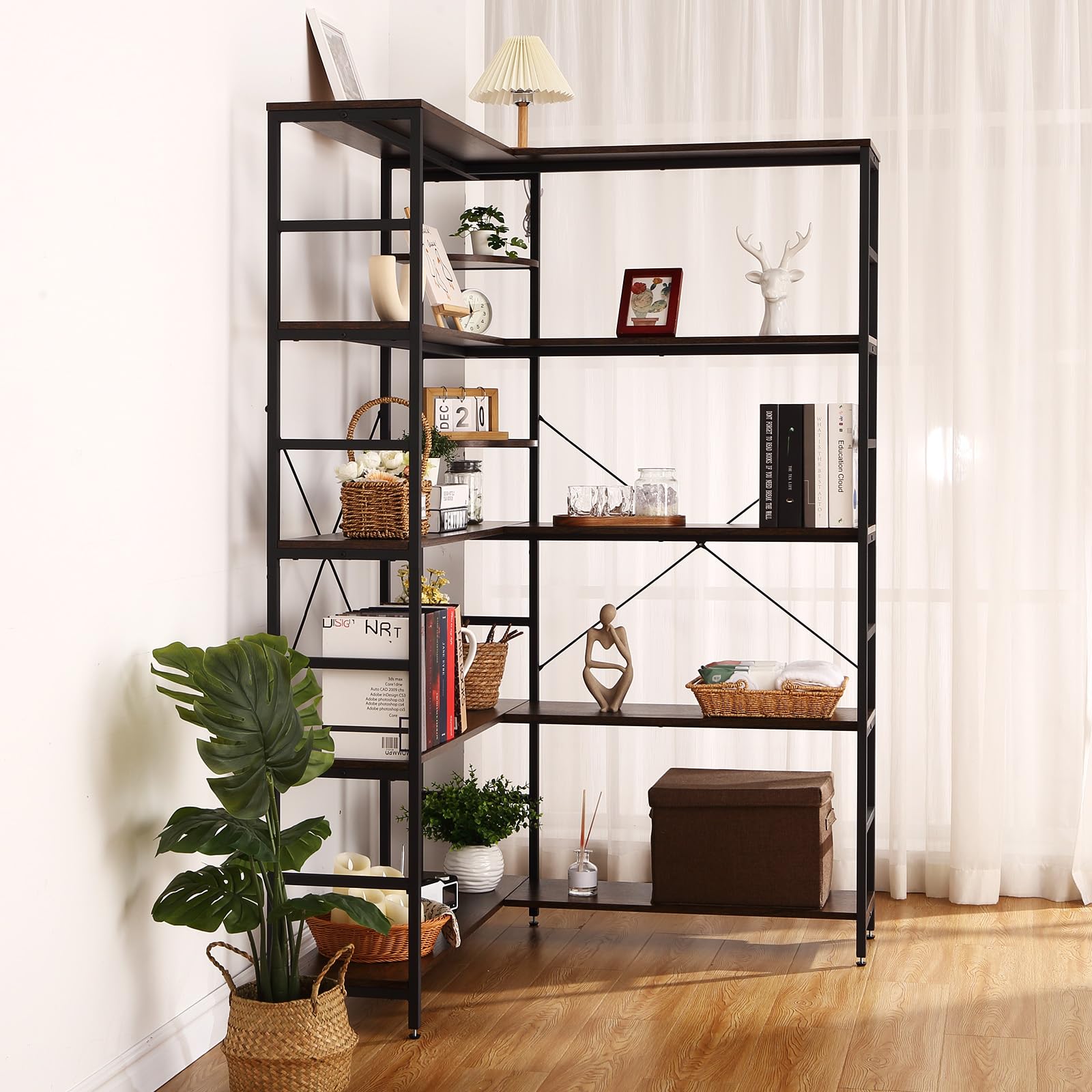 GarveeHome Bookcases and Bookshelves,5-Tiers Corner Bookcase with Curved Panels,Corner Shelf L-Shaped Book Shelves Display Storage Rack with Metal Frame for Living Room Home Office, Rustic Brown