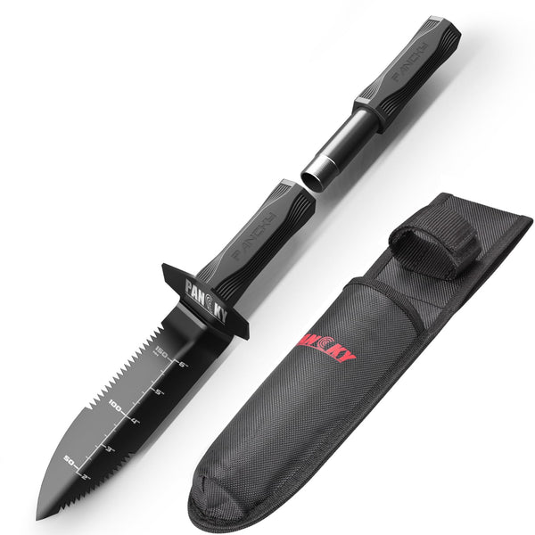 PANCKY Metal Detector Shovel with Extended Handle & Carrying Sheath, Heavy Duty Double Serrated Edge Metal Detecting Digging Tool, Digger Trowel for Gardening, Camping, Black