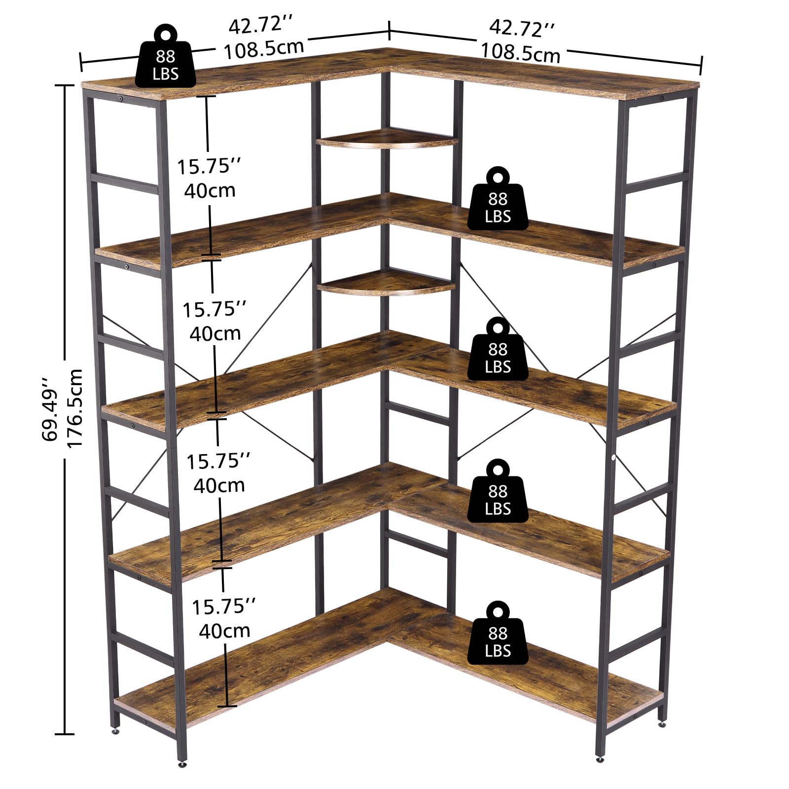 GarveeHome Bookcases and Bookshelves,5-Tiers Corner Bookcase with Curved Panels,Corner Shelf L-Shaped Book Shelves Display Storage Rack with Metal Frame for Living Room Home Office, Rustic Brown