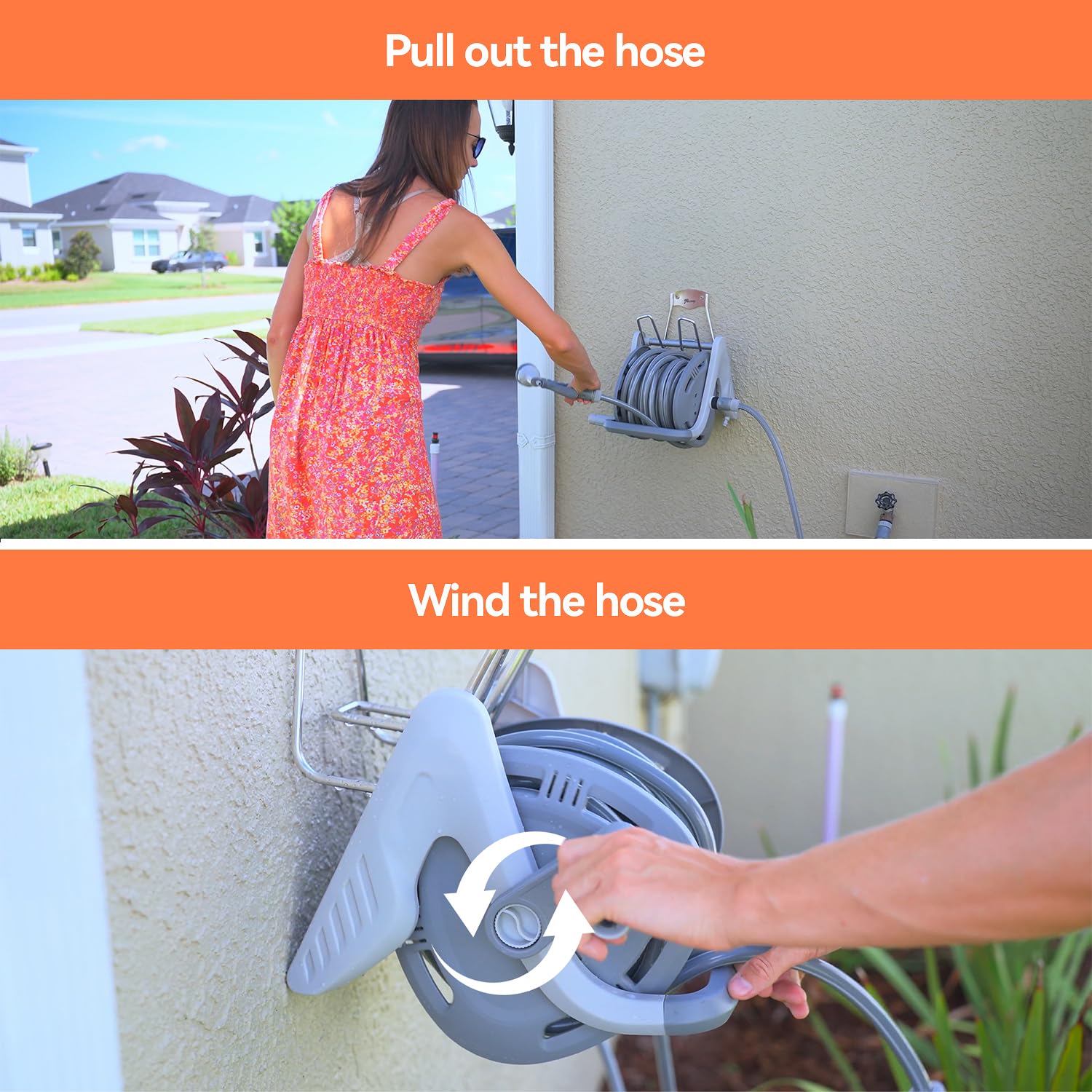 Flora Guard Garden Hose Holder With 1/2 Inch 65Ft Freeze-resistant UV Software, Hose Reels Wall Mount, Removable Hose Reel, 3/4 "Pressure Fitting and 9-Pattern Nozzle, Gray