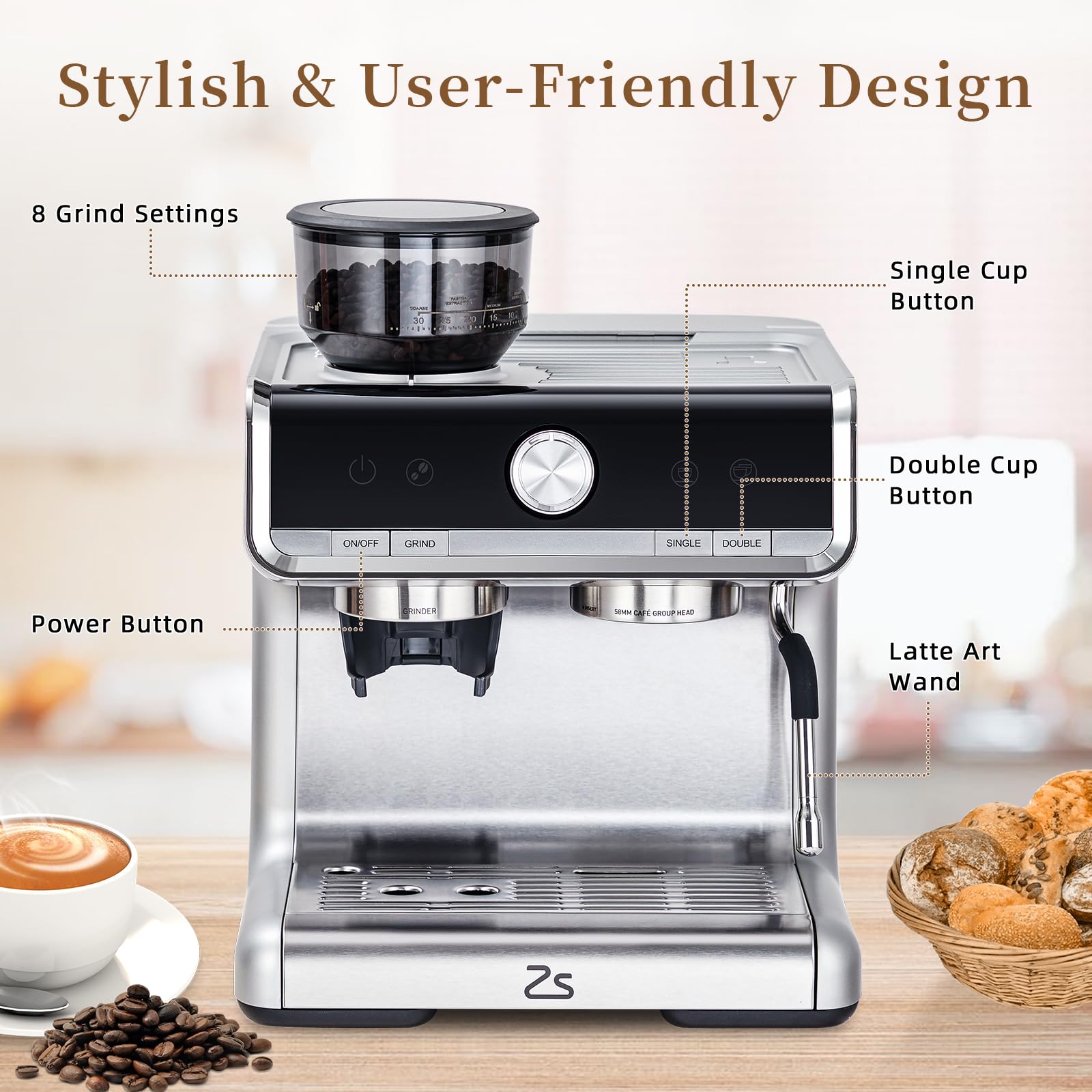 GarveeTech 20 Bar Espresso Machine, Semi-Automatic Espresso Maker with Bean Grinder and Milk Frother Steam Wand, Home Barista Coffee Machine for Macchiatos/Cappuccino/Latte, Gift for Mom Dad