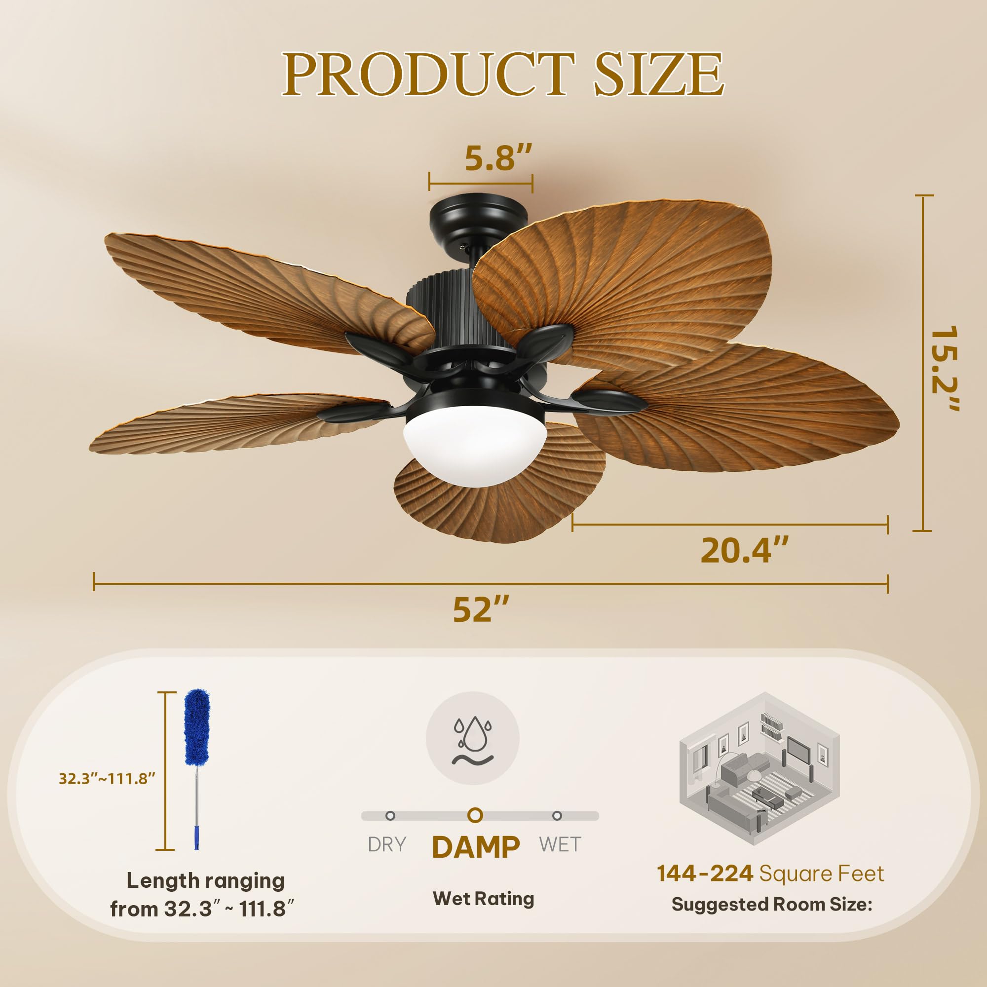 YITAHOME Tropical Ceiling Fan with Lights, 3 Ways Control, Dimmable 52 Inch Ceiling fan with Cleaner Duster, Smart Ceiling Fan Compatible with Alexa for Living Room, Dining Room
