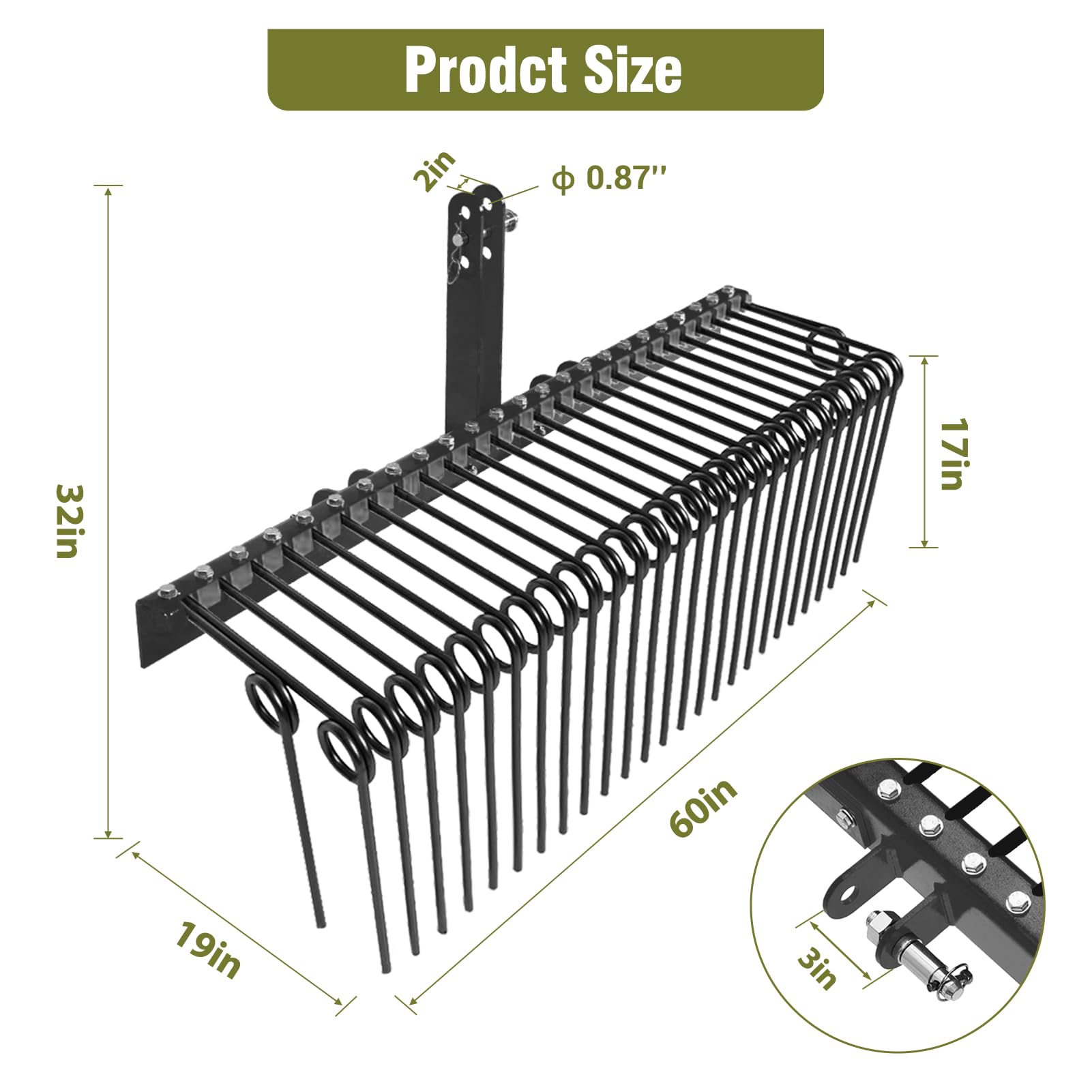 GAOMON 60 Inch Pine Straw Rake, 26 Coil Spring Tines Durable Powder Coated Steel Tow Behind Landscape Rake with 3 Point Hitch Receiver Attachment Fit to Cat0 Cat 1 Tractors for Leaves Grass, Black