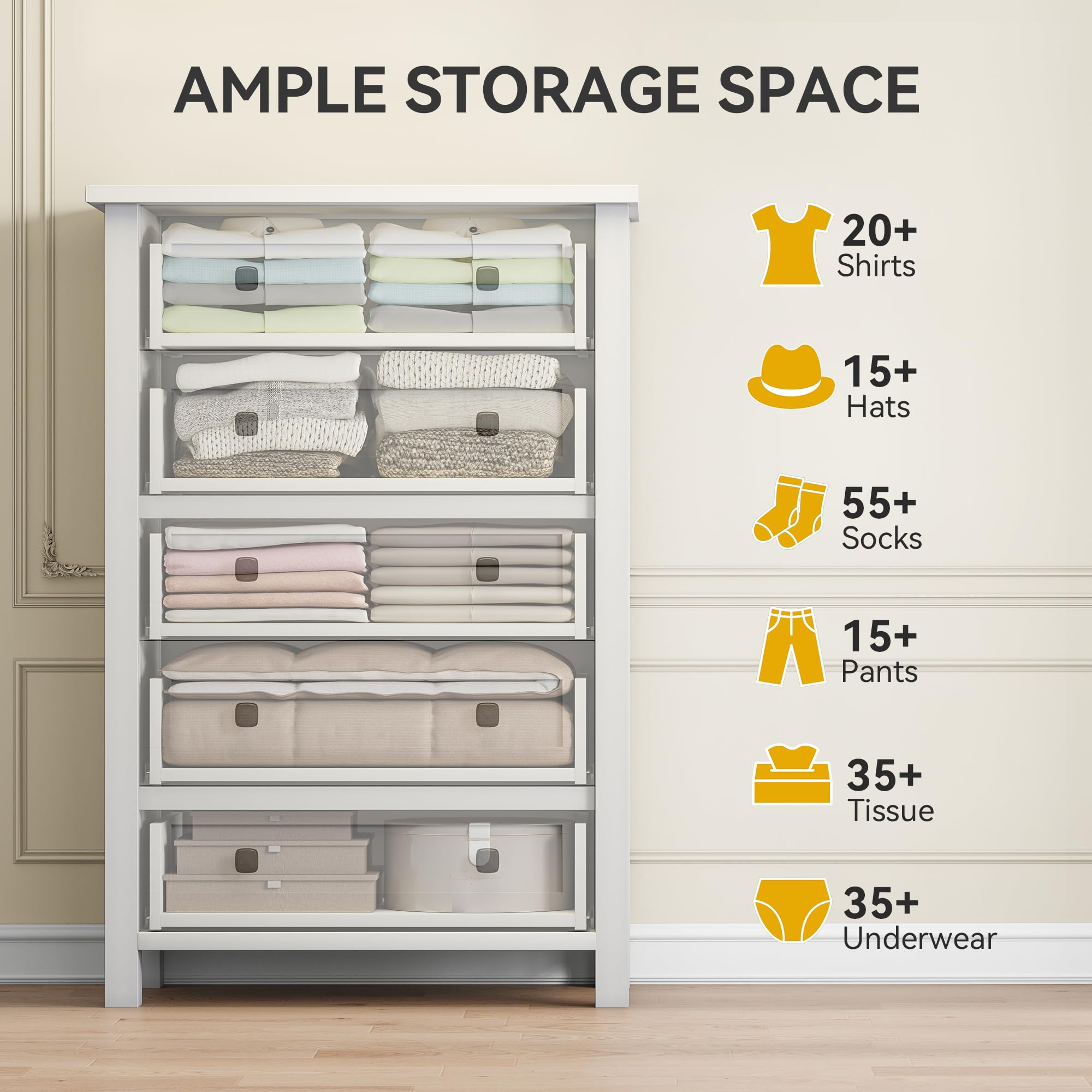 DWVO White Dresser, 5 Chest of Drawer Dresser, Modern Tall Nightstand with Deep Drawers, Organizer Drawers
