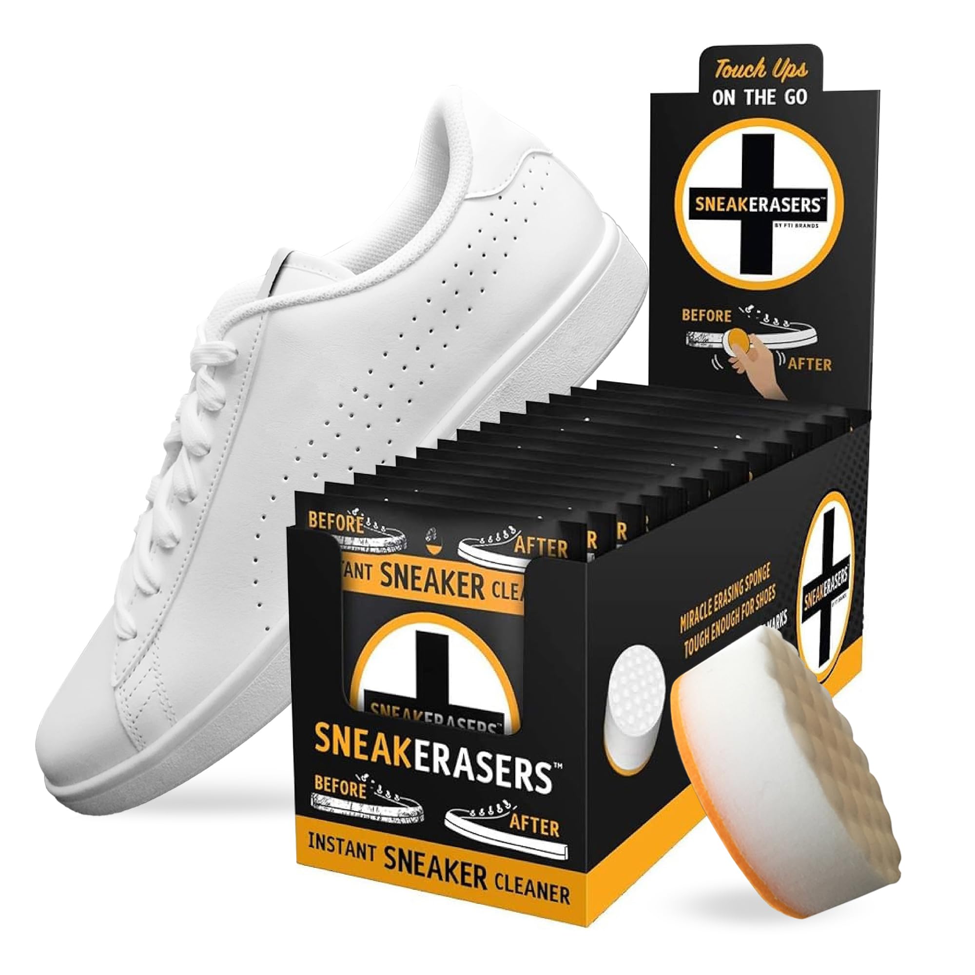 SneakERASERS Instant Sneaker Cleaner Sponge, Effective Shoe Cleaning for White Sneakers, Tennis Shoes - Pre-Moistened, Portable Shoe Cleaner, Perfect for Smooth Soles and Midsoles, 14 Pack