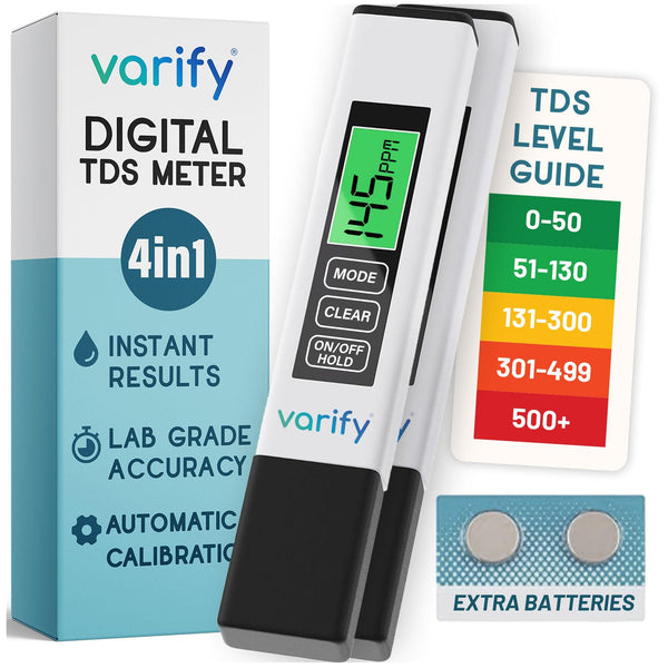 Varify 4-in-1 TDS Meter Digital Water Tester for Drinking Water | Accurate 0–9990 PPM EC & Temp Readings | Ideal for RO Systems, Aquariums, Pools – Built for Professionals, Easy for Anyone (2-Pack)