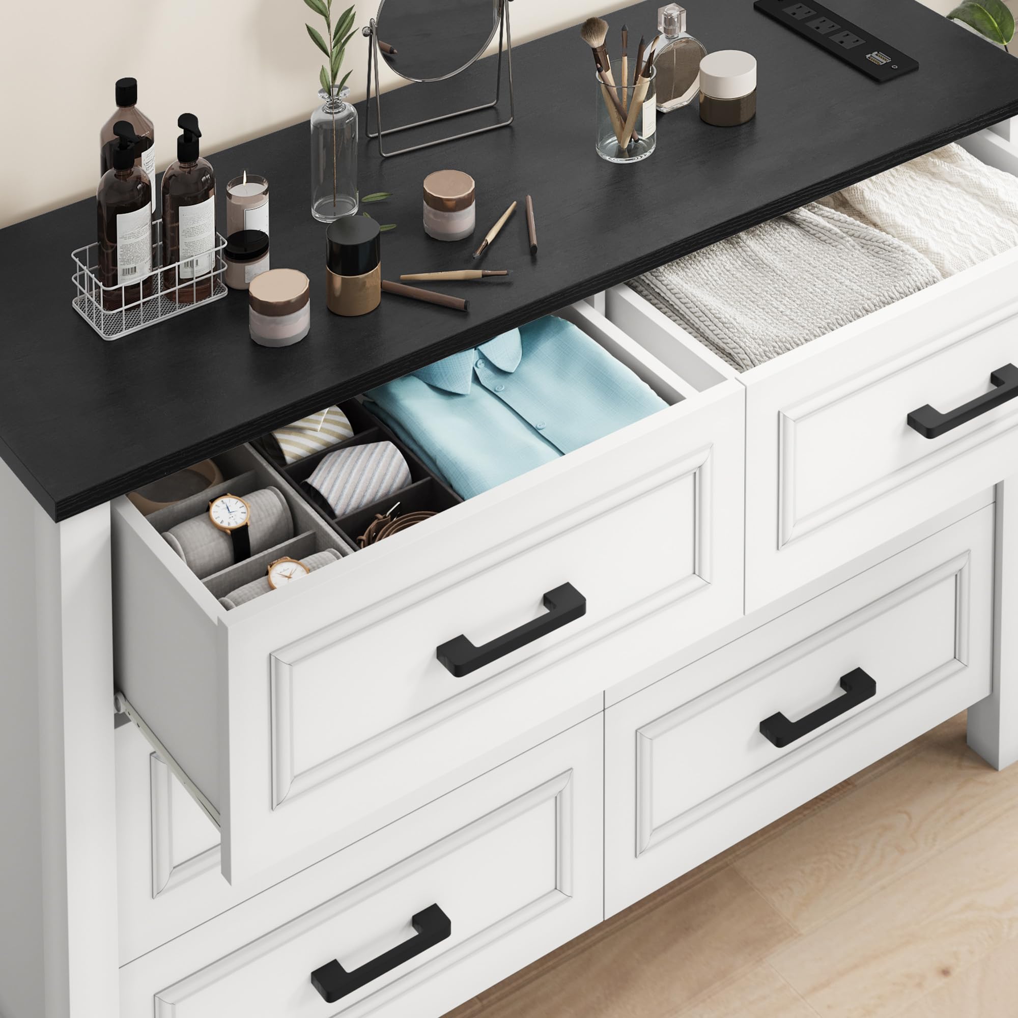 DWVO Farmhouse Wooden Dresser TV Stand with Power Outlet, 6-Drawer Dresser with Large Storage Drawers and Bar Handles, Ideal for Living Room, Hallway, 47.2" L x 15.7" W x 33.4" H - White & Black